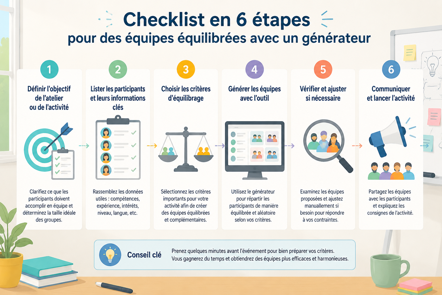 diagramme montrant les 6 étapes de la checklist avec des icônes simples pour la planification d'équipes équilibrées.