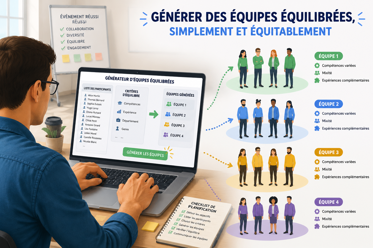 illustration montrant un organisateur d'événement saisissant une liste de noms dans un ordinateur portable pour générer des équipes équilibrées, avec des silhouettes de personnes réparties en groupes colorés.