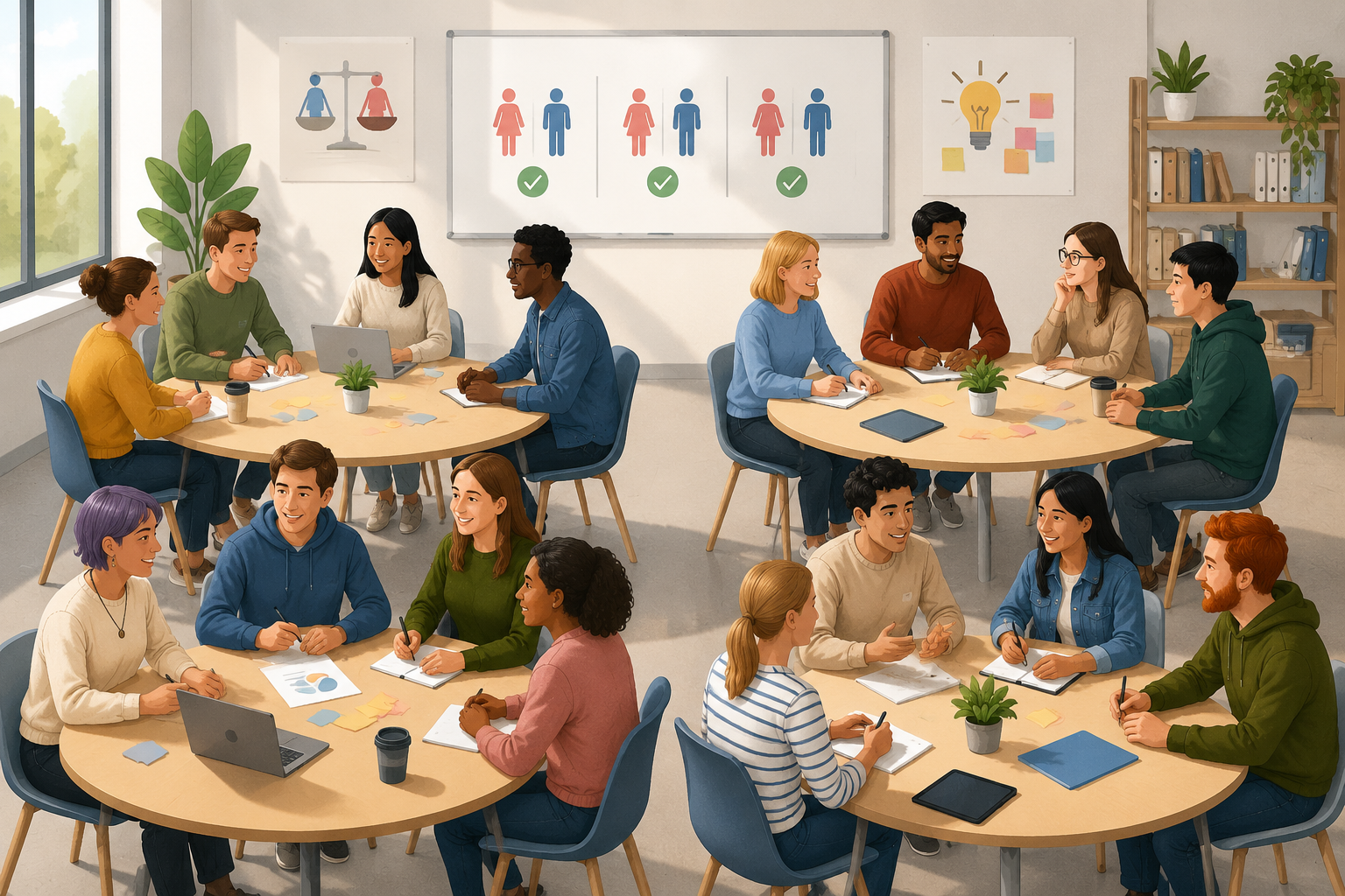 Eine farbige Illustration von Personen verschiedener Geschlechter, die gleichmäßig auf vier runde Arbeitstische verteilt sind und kooperativ an Aufgaben arbeiten.