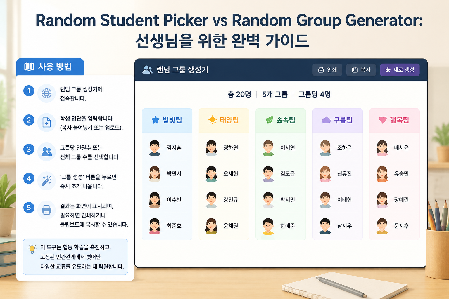 4명씩 5개의 그룹으로 나뉜 학생 명단의 예시 화면, 그룹마다 밝은 색상으로 구분되어 있고 '별빛팀', '태양팀' 같은 이름이 붙어 있음