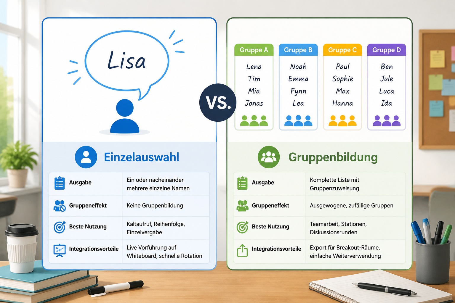 Direkter Vergleich: Zwei Symbolkarten nebeneinander. Links eine Sprechblase mit einem einzelnen Namen, darunter „Einzelauswahl“. Rechts mehrere Kästchen mit mehreren Namen, darunter „Gruppenbildung“.