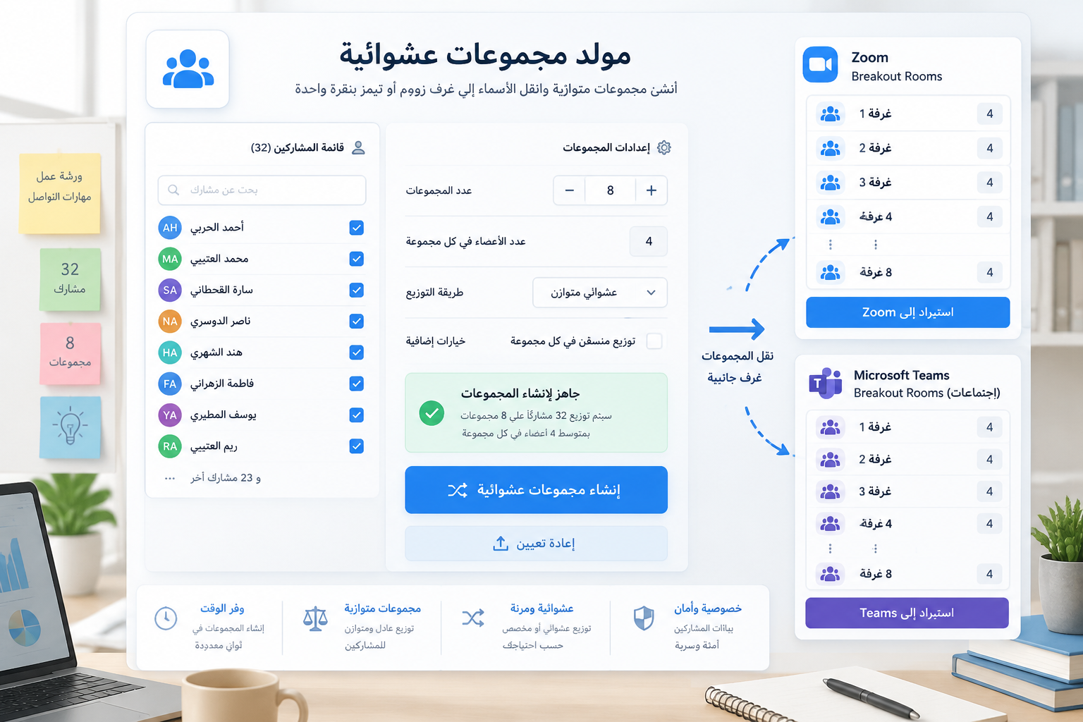 رسم توضيحي يظهر واجهة مولد مجموعات عشوائية تنقل الأسماء إلى أيقونات غرف زووم الجانبية، بألوان هادئة ومكتبية