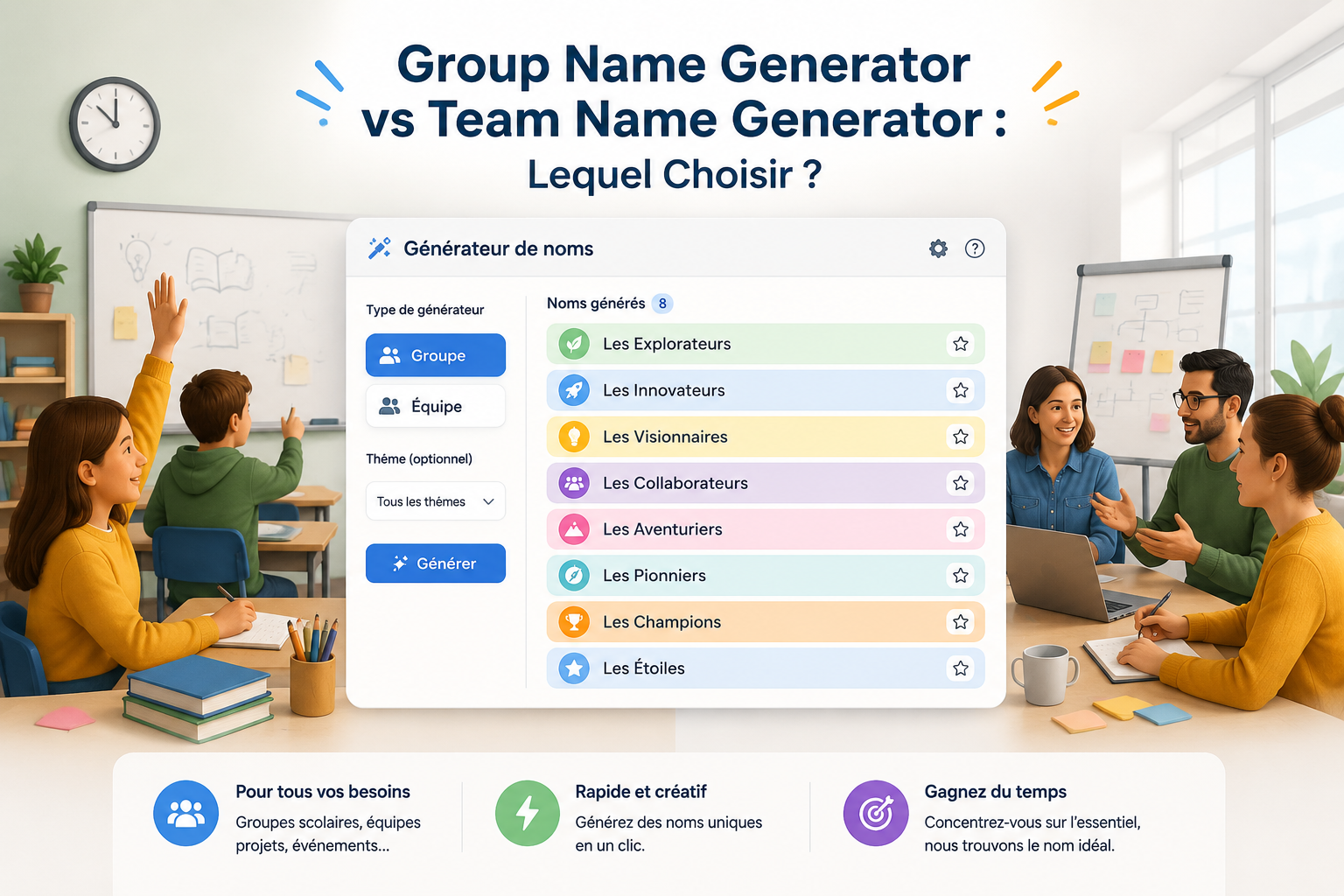 Interface claire d'un générateur de noms affichant une liste de noms de groupes colorés, avec des icônes de classe et de bureau en arrière-plan