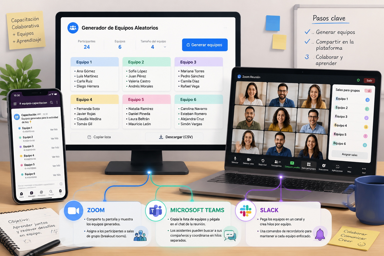 Ilustración de un workspace digital: un monitor muestra el generador de grupos, otro una ventana de Zoom con participantes, y un teléfono con Slack abierto, todos conectados visualmente por líneas suaves.