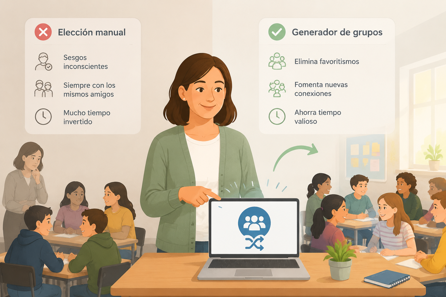 editorial article hero illustration about ¿Por qué utilizar un generador de grupos en lugar de elegir manualmente?, locale es, soft light, minimal text, clear subject, web article image