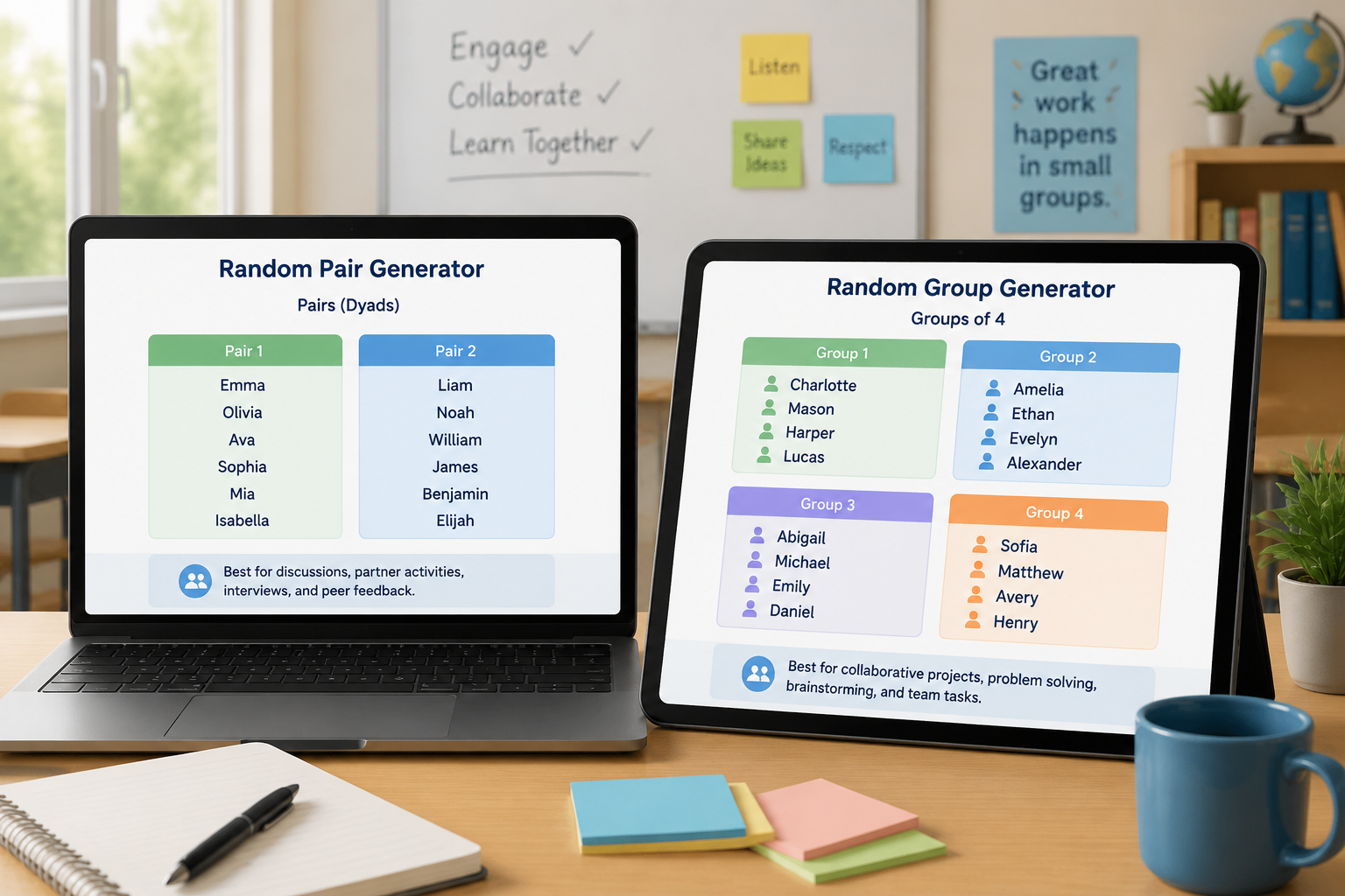 Clean classroom desk scene with two digital screens, one showing paired student names in two columns (dyads) and the other displaying a grid of small groups of four, soft educational setting, no branding