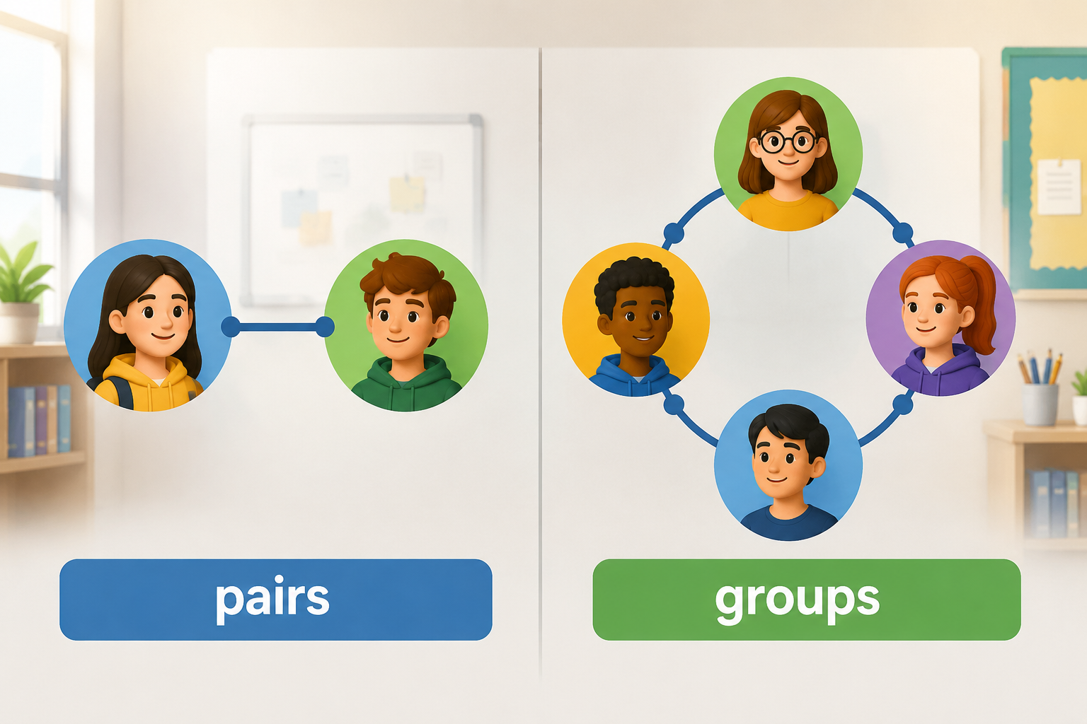 Side-by-side comparison illustration, left side shows a pair of student icons linked by a line, right side shows a circle of four connected student icons, with captions 'pairs' and 'groups', minimal and instructional