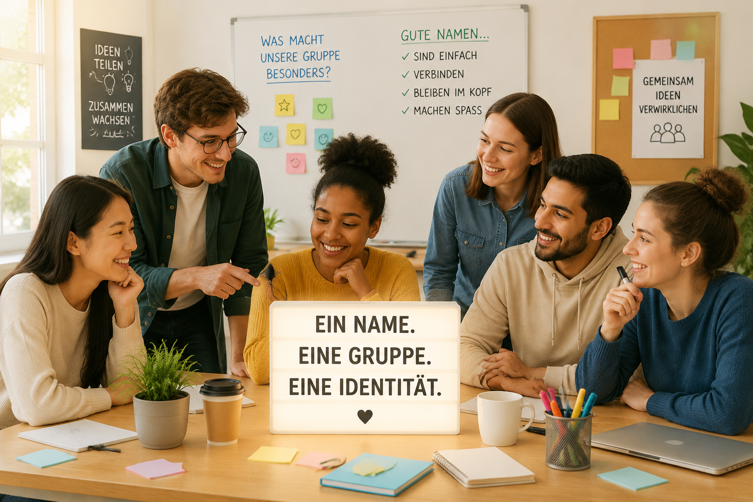 Gruppe von Personen mit einem leuchtenden Namensschild in der Mitte, umgeben von weichen Schatten, in einem hellen, freundlichen Klassenzimmer oder Workshopraum.