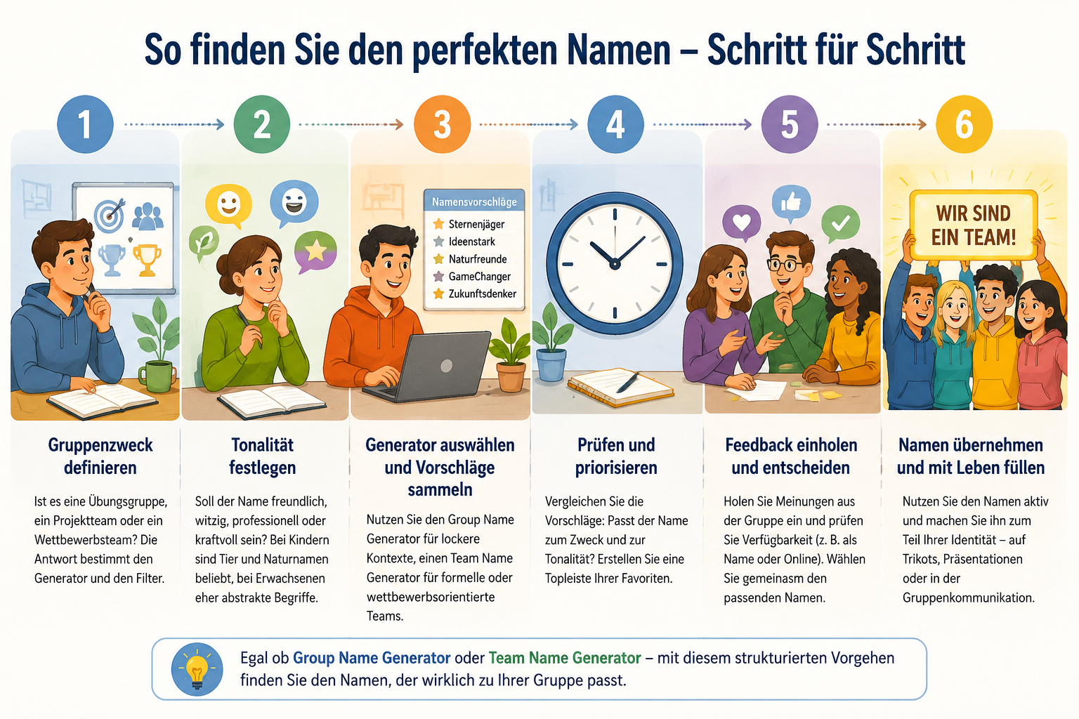 Schritte-Piktogramm von 1 bis 6 als klare, freundliche Illustration: eine Figur mit einer Checkliste, eine Uhr, ein Gespräch mit anderen, und schließlich eine Gruppe, die ein leuchtendes Namensschild hochhält.