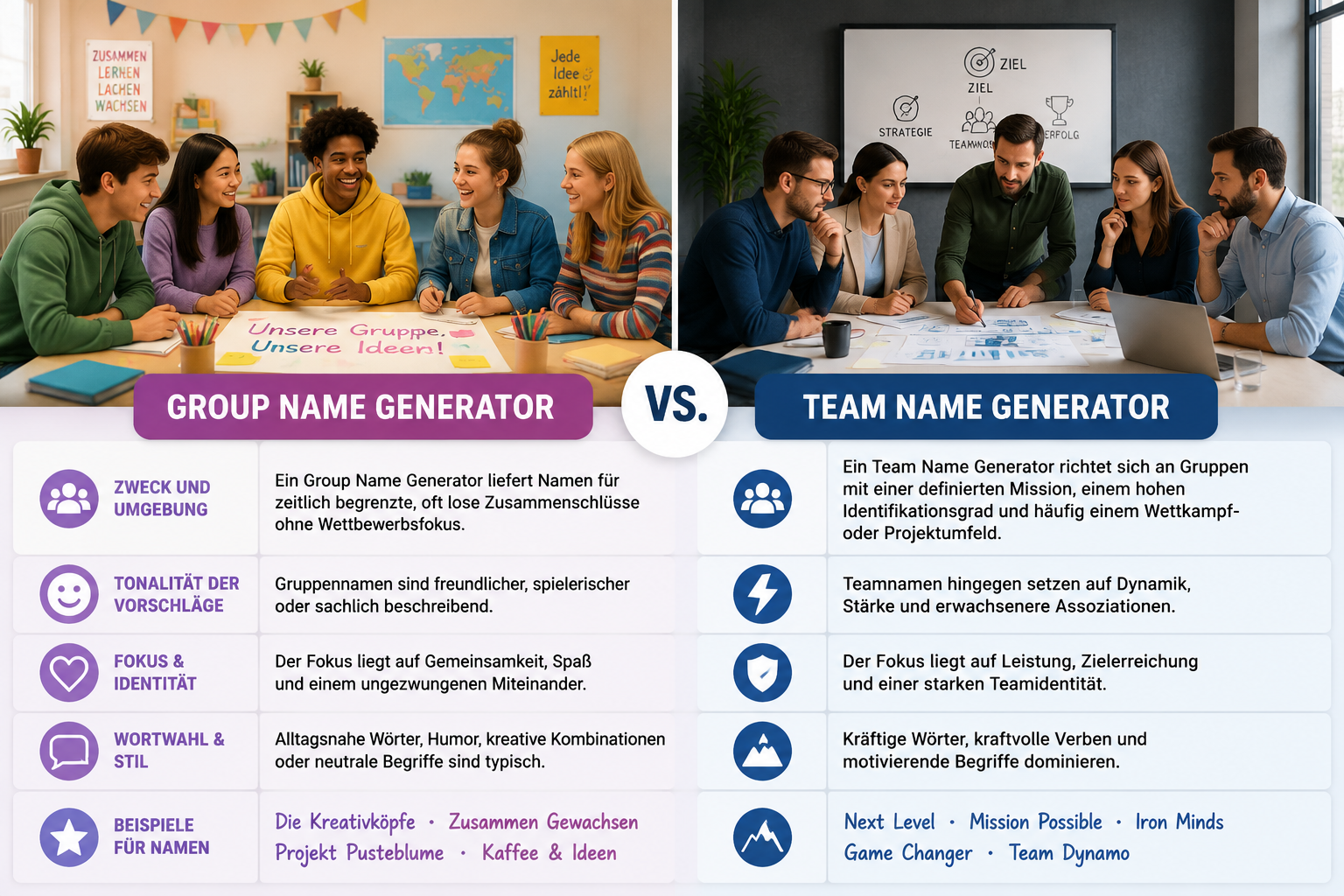 Eine zweigeteilte Grafik, links ein buntes Klassenzimmer mit einer fröhlichen Gruppe, rechts ein Konferenzraum mit einem konzentrierten Team um einen Tisch.