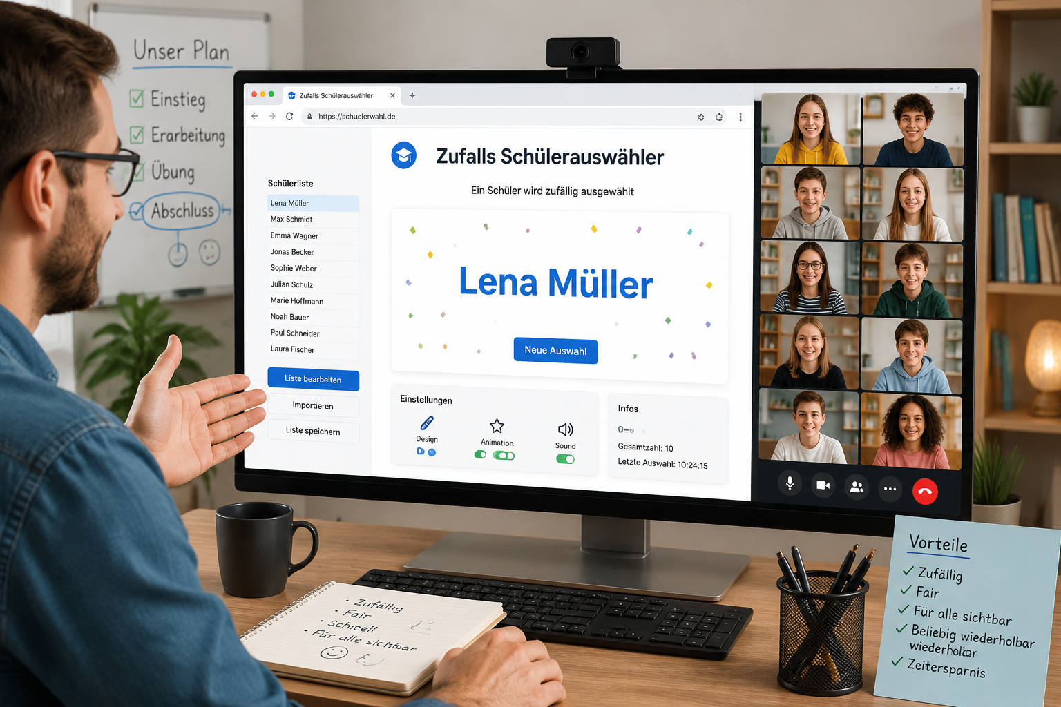 Ein Lehrer teilt während einer Videokonferenz seinen Bildschirm; darauf ein geöffneter Browser mit einem Zufalls-Schülerauswähler, der den Namen eines Schülers einblendet, während die Gesichter der anderen Teilnehmer in Kacheln zu sehen sind.