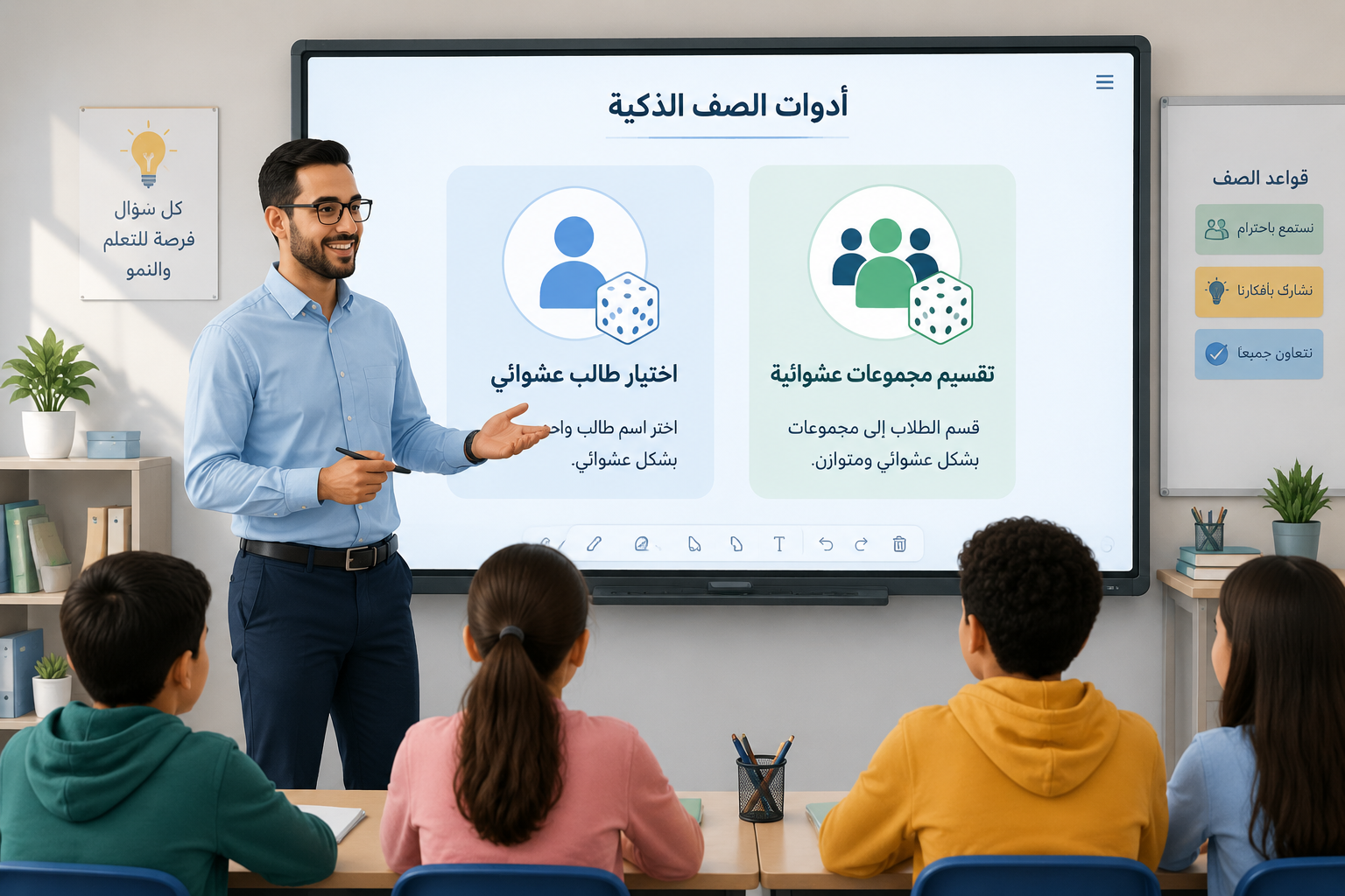 رسم توضيحي لمعلم أمام سبورة ذكية، تظهر على اللوح أيقونة لاختيار طالب عشوائي وأخرى لتقسيم المجموعات بشكل عشوائي، مع خلفية صفية هادئة.