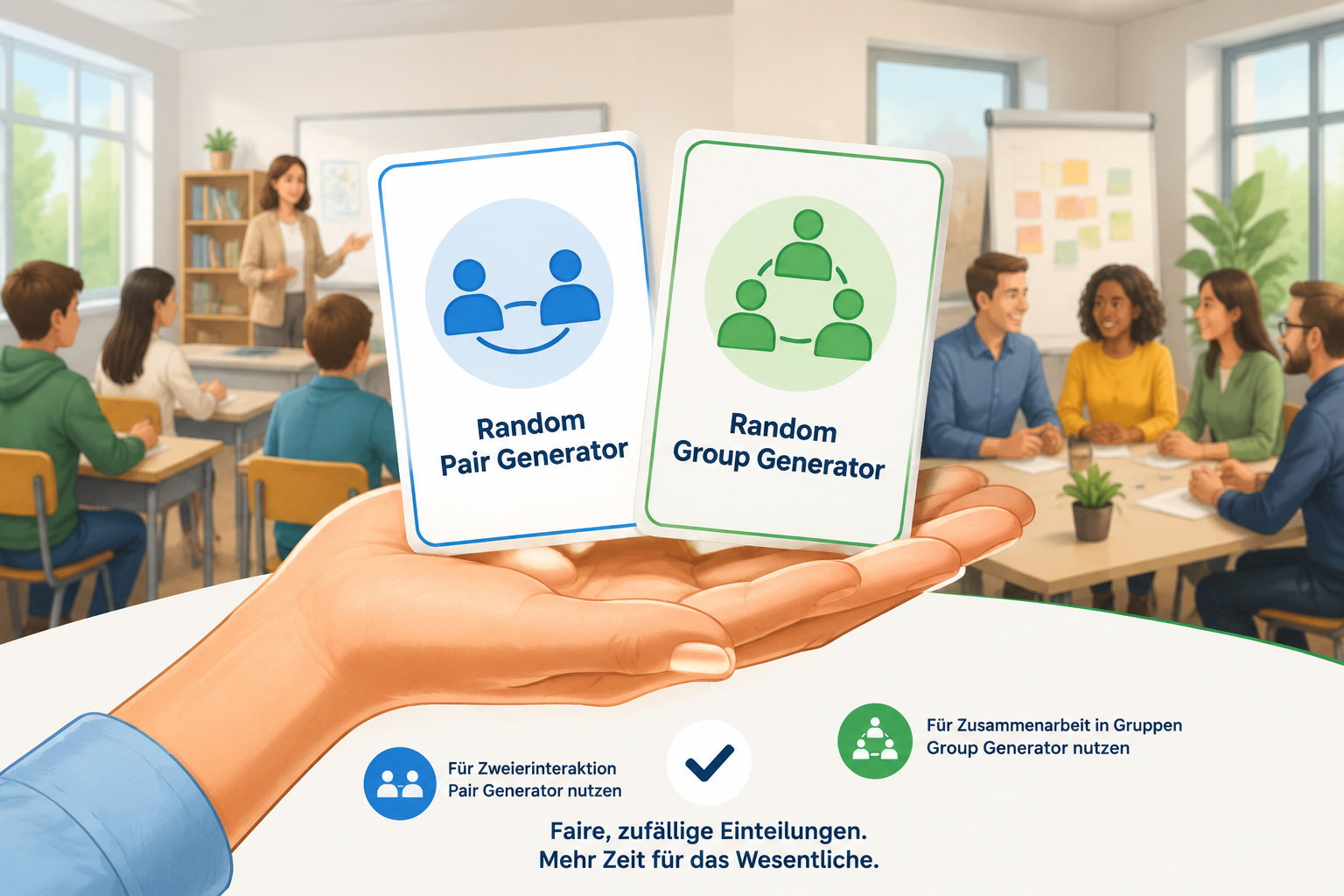 Eine offene Hand hält zwei Karten mit den Logos der beiden Tools; im Hintergrund eine schemenhaft dargestellte Schulklasse und ein Besprechungsraum, die den universellen Einsatzzweck betonen.