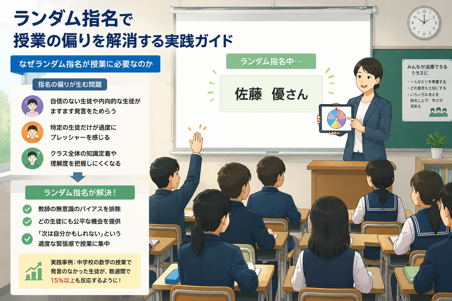 clean illustration of a classroom with students sitting in rows, a teacher holding a tablet with a random picker wheel, names appearing randomly on a projected screen