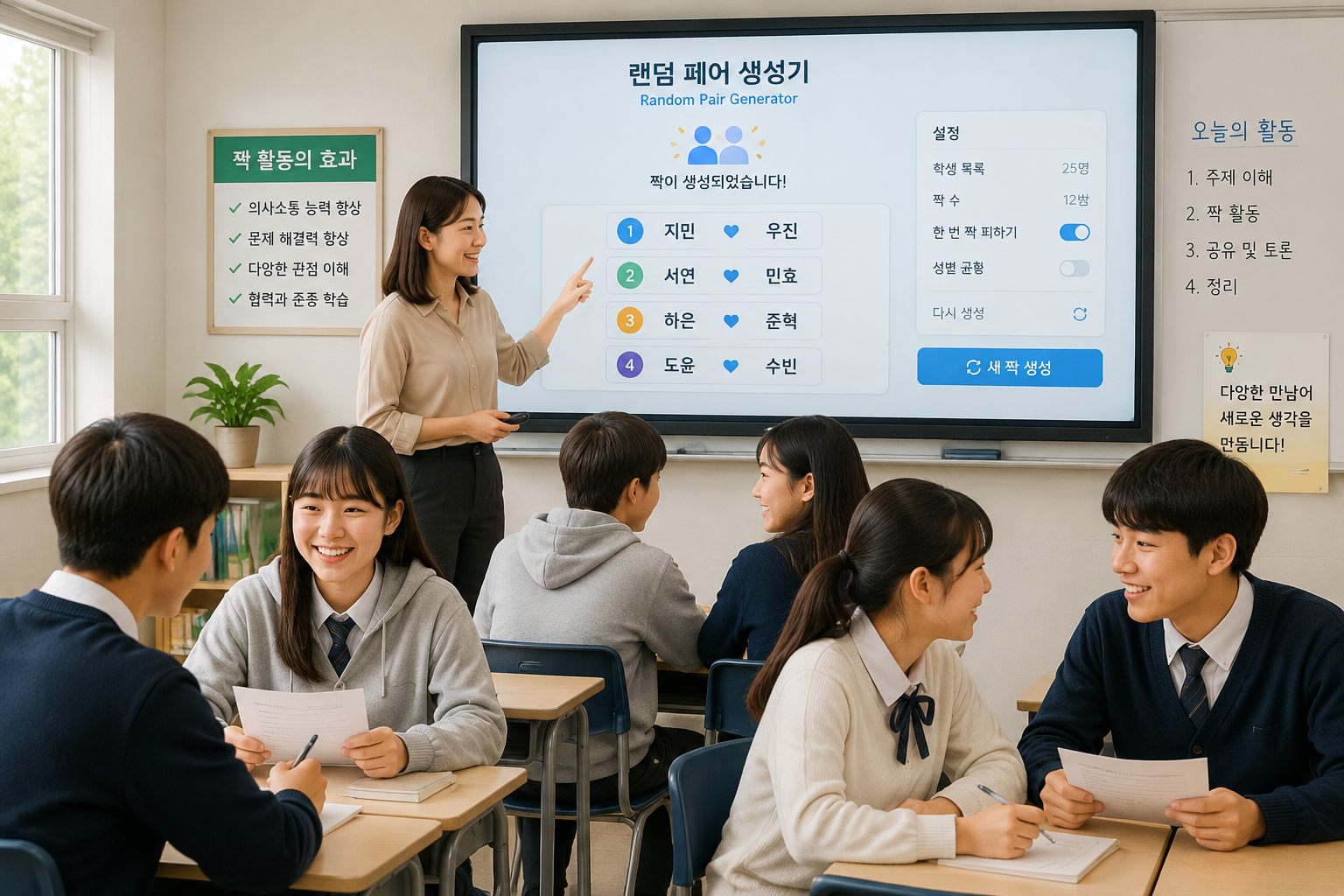 교사가 교실에서 대형 화면으로 랜덤 페어 생성기를 사용하는 모습, 학생들이 자신의 짝을 확인하며 웃고 있다