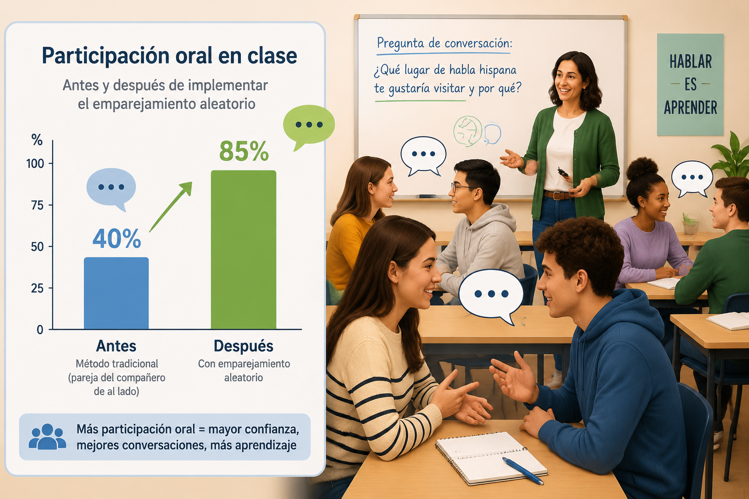 Gráfico de barras simple que compara el porcentaje de participación oral en clase antes (40%) y después (85%) de implementar el emparejamiento aleatorio, con íconos de bocadillos de diálogo.