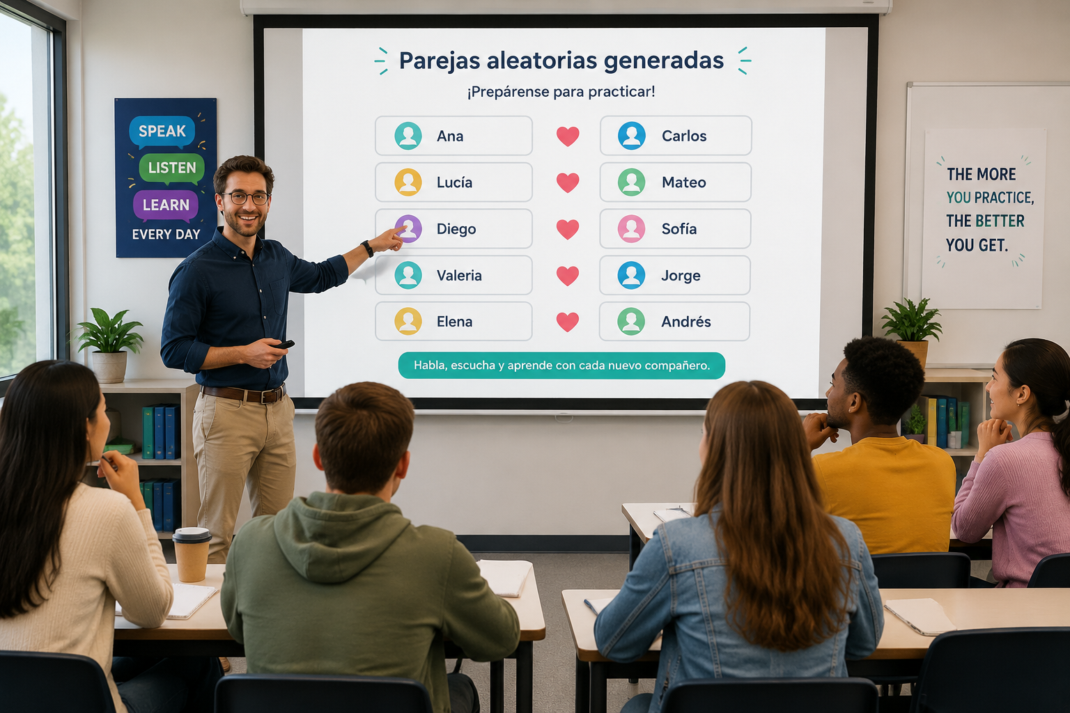 Ilustración de un profesor sonriente mostrando en un proyector parejas aleatorias generadas; varios estudiantes sentados en un aula moderna miran la pantalla con expectación, listos para una actividad oral.