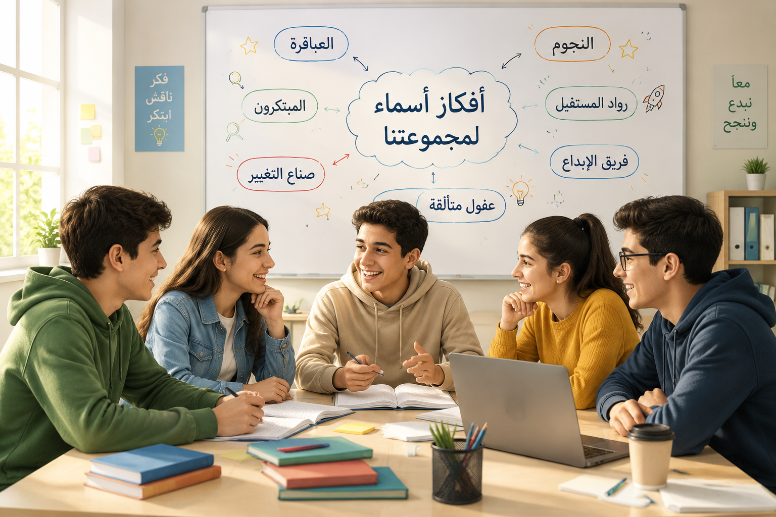 مجموعة من الطلاب يجلسون معًا حول طاولة الدراسة، يبتسمون ويتناقشون بحماس، بينما تظهر على السبورة البيضاء خلفهم عدة اقتراحات لأسماء مثل "العباقرة" و"المبتكرون"، الأجواء مشرقة ومليئة بالطاقة الإيجابية.