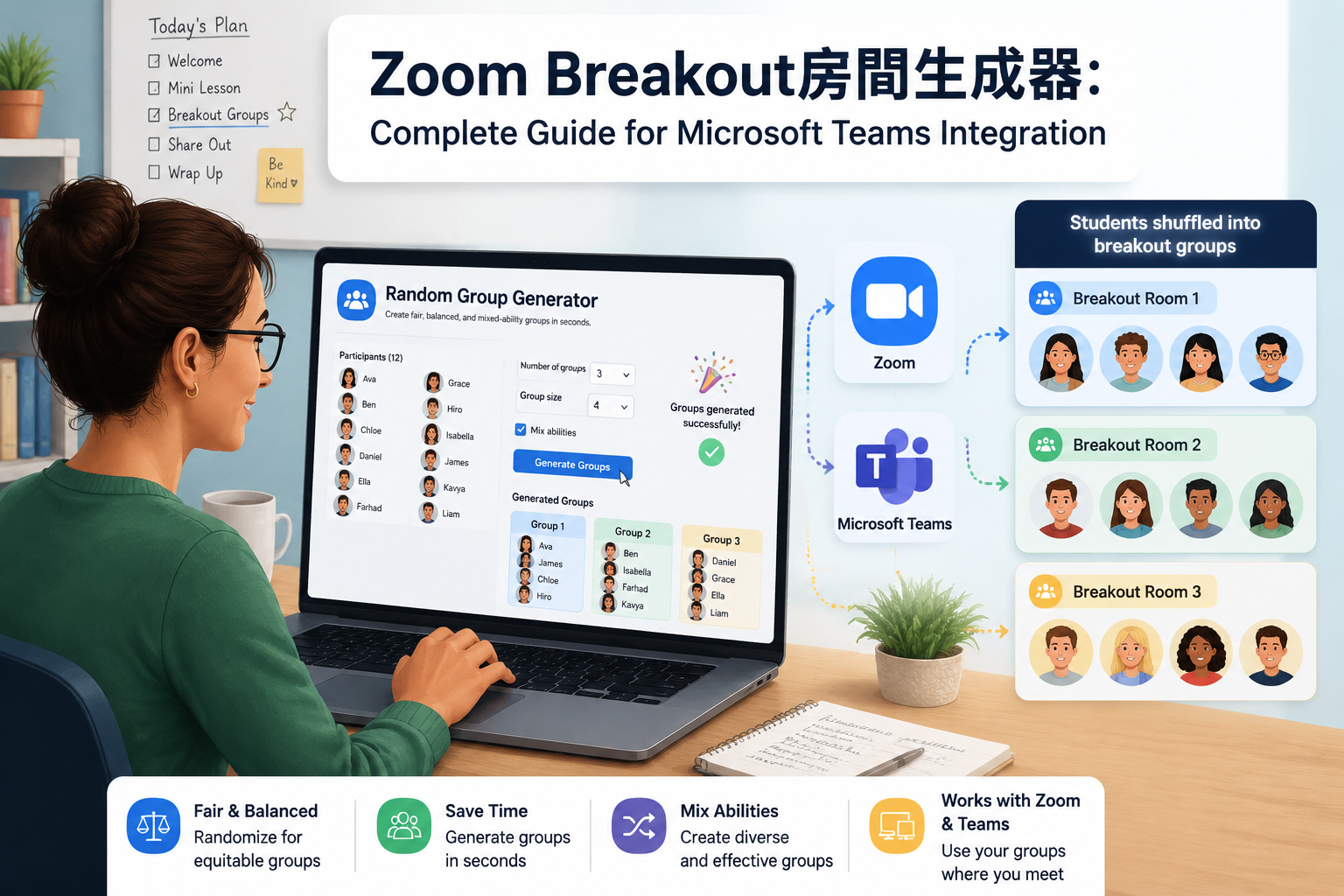 Digital illustration of a teacher using a random group generator on a laptop. Zoom and Teams icons appear alongside animated students being shuffled into breakout groups, all in a clean, modern classroom style.