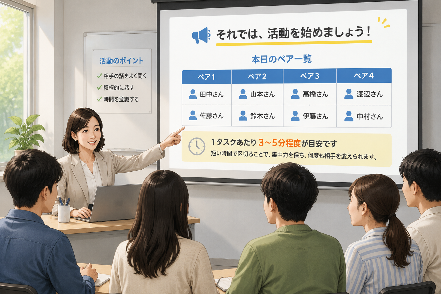 パソコン画面の前に座る教師が、プロジェクターに映し出されたペア一覧を見ながら、クラス全体に指示を出している図。画面のペア一覧はシンプルで、各列に2人の名前が表示されている。