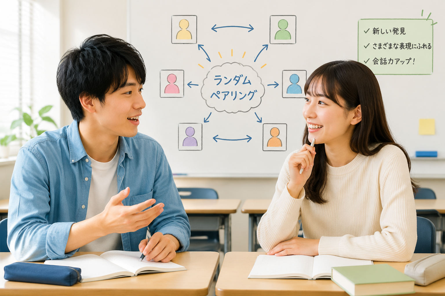 明るい教室で2人の学生が自然な笑顔で会話練習をしている様子。背景には、ランダムペアリングの概念を表す手描き風の矢印やカードが控えめに配置されている。