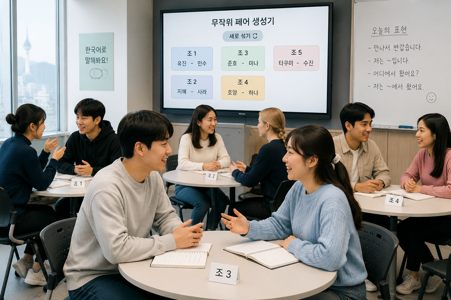 둥글게 배치된 책상에서 2인씩 마주 앉아 한국어 대화 연습을 하는 젊은 학습자들, 교실 뒤편으로 도구가 표시된 스크린