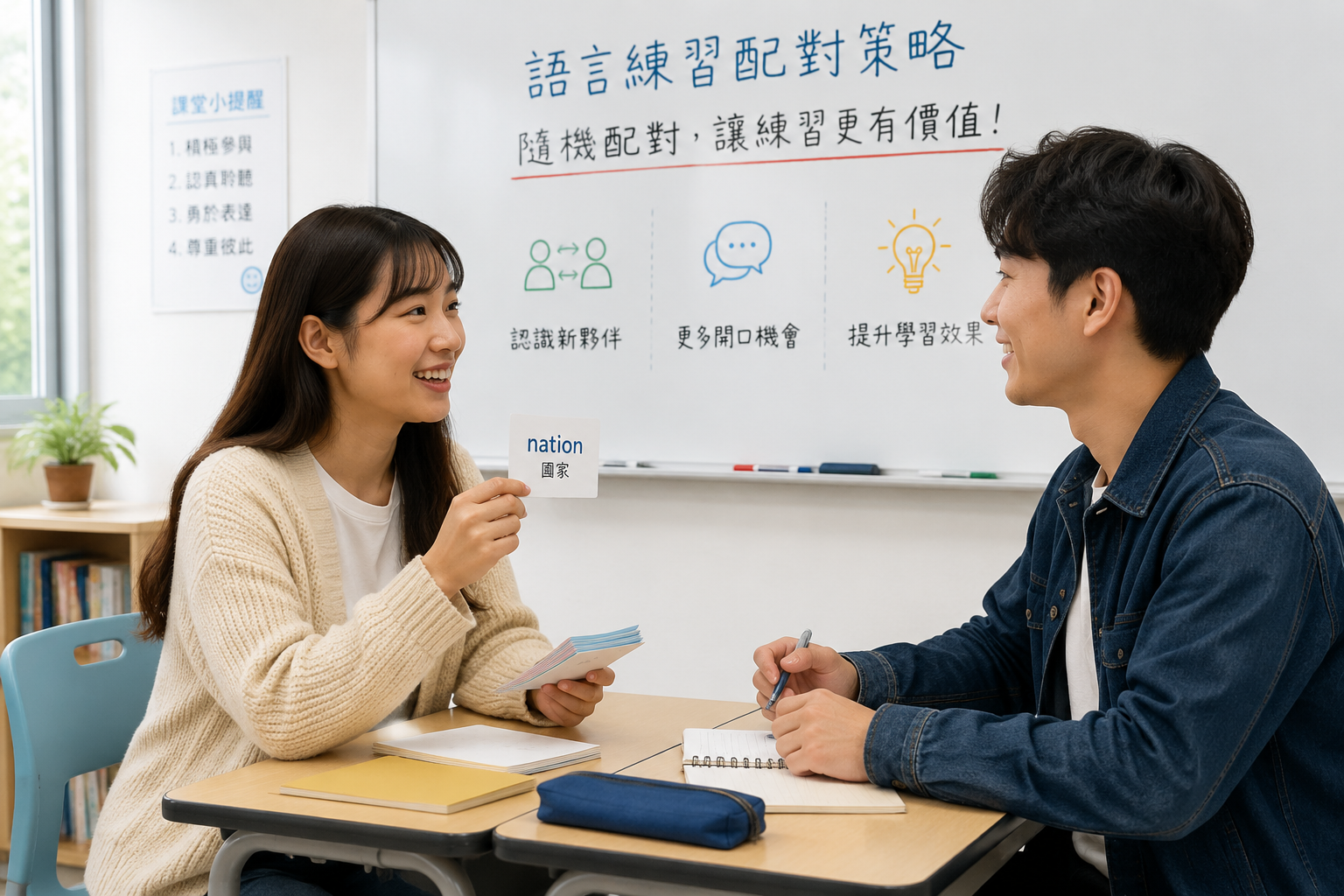Two language learners sitting at a small table, one holding flash cards, both smiling and engaged in conversation, clean classroom background with a whiteboard