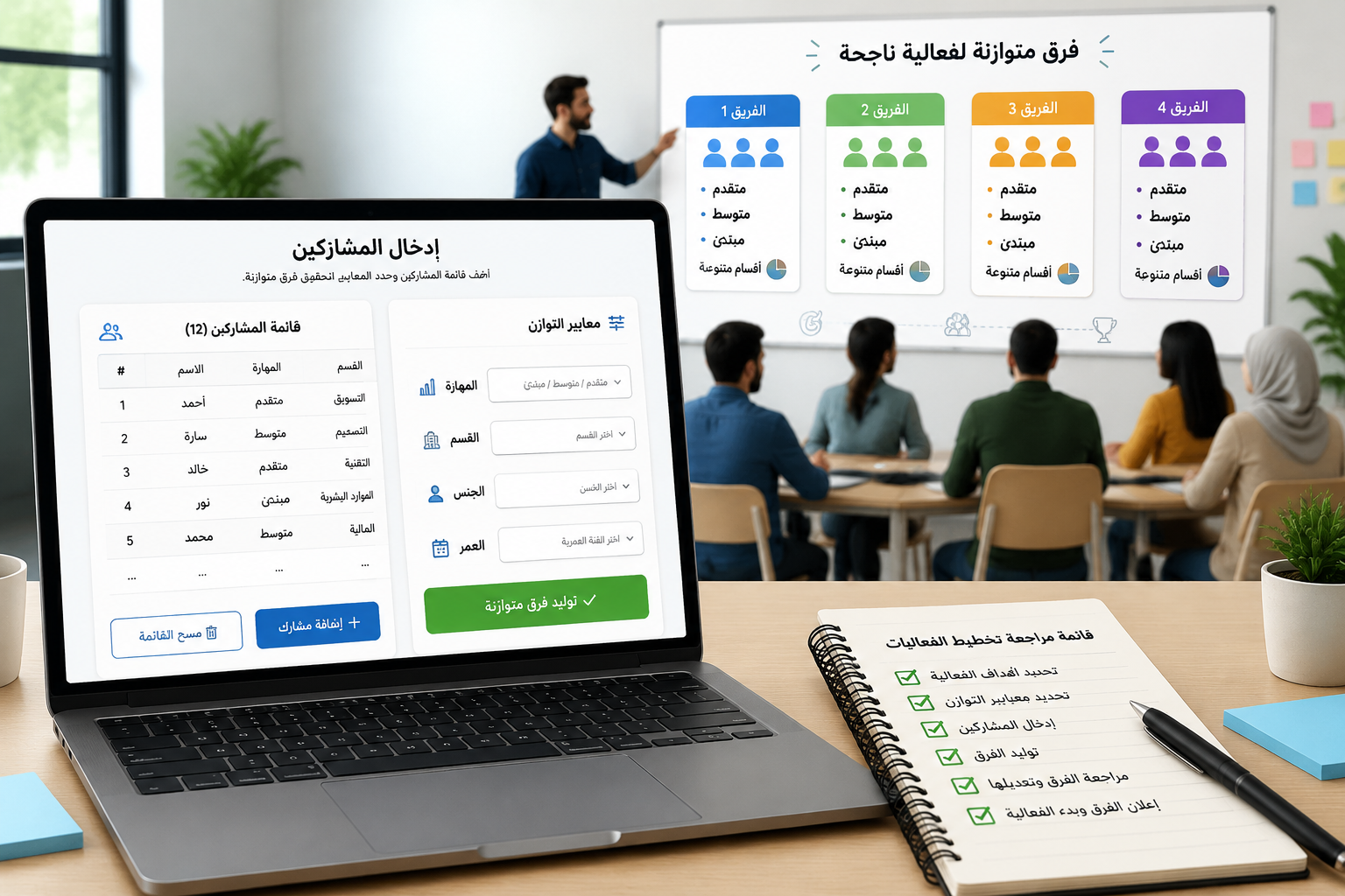 لقطة لشاشة إدخال المشاركين مع خيارات المعايير مثل المهارة والقسم، خلفية هادئة توحي بسهولة الاستخدام.