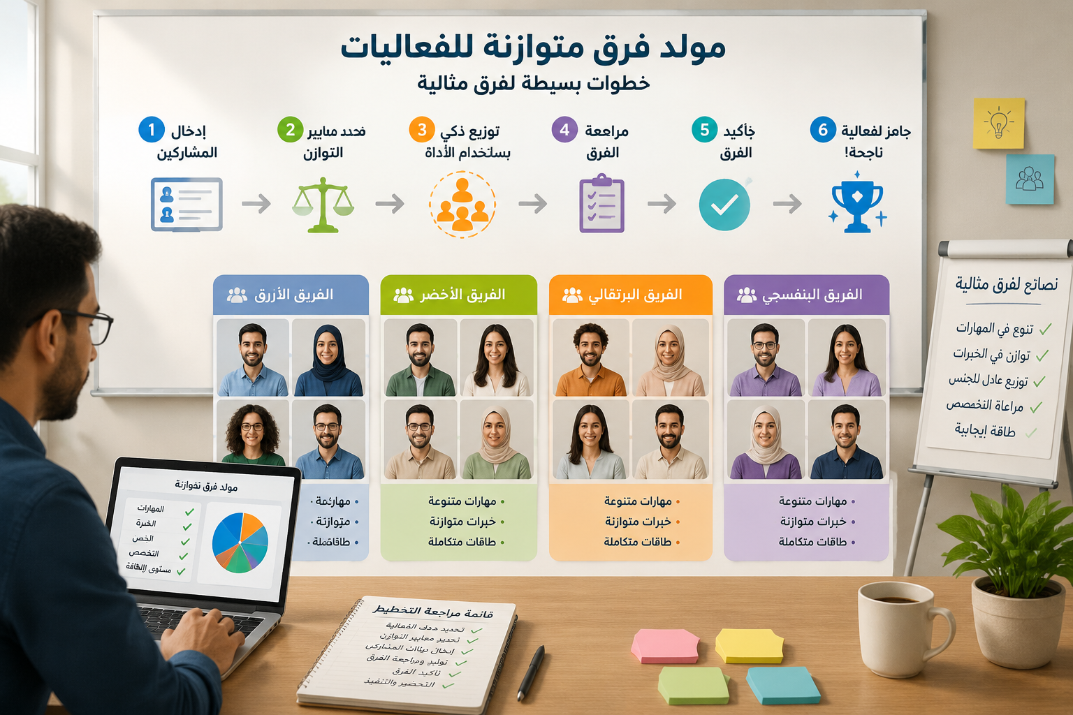 مخطط توضيحي لفعالية مع فرق متوازنة بألوان مختلفة تم توزيعها باستخدام أداة رقمية، خلفية نظيفة وأسلوب ورشة عمل.