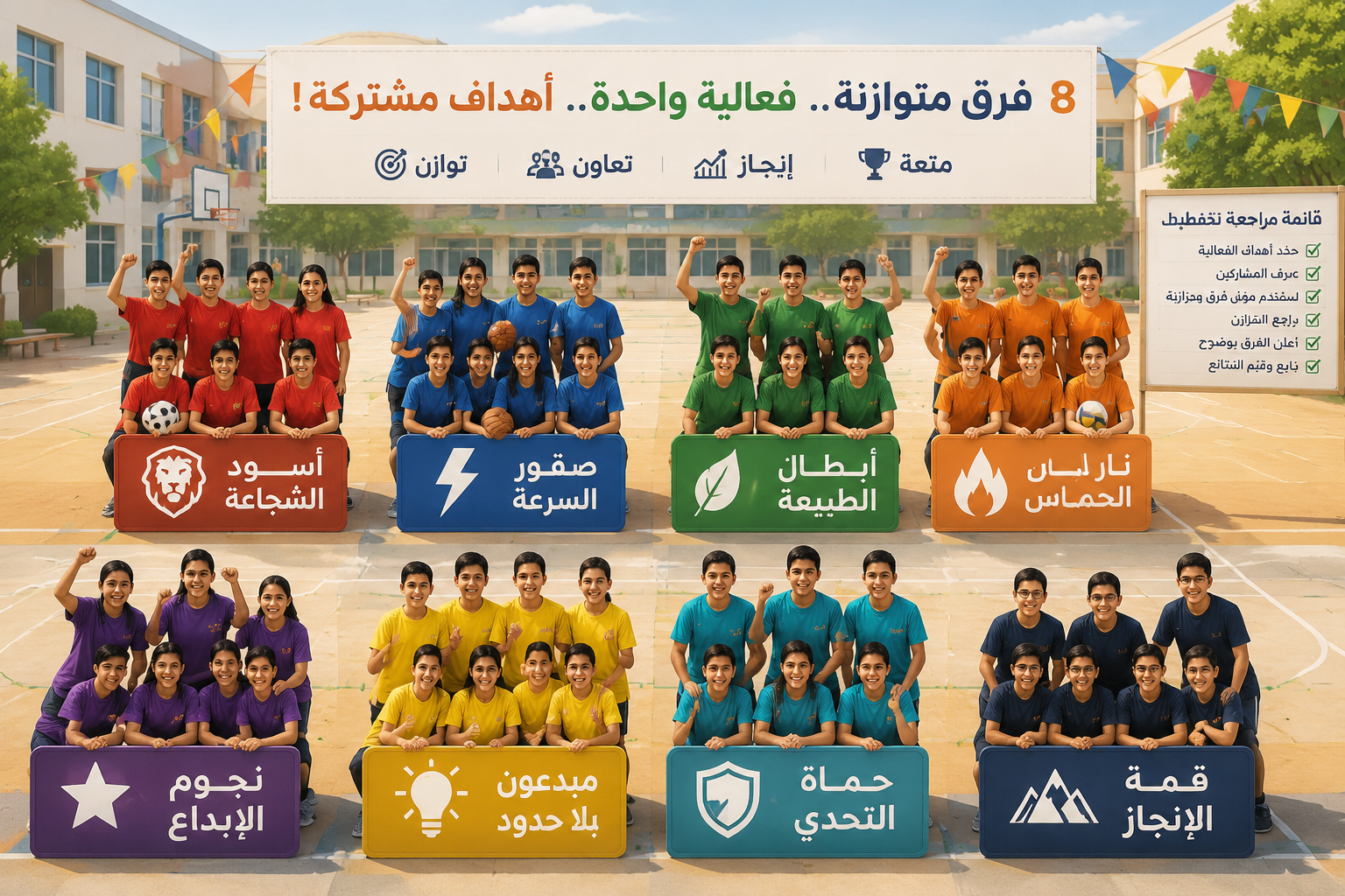 ساحة مدرسية مع 8 فرق رياضية تحمل ألواناً مختلفة وأسماء مشوقة، توحي بالنشاط والحماس المتوازن.