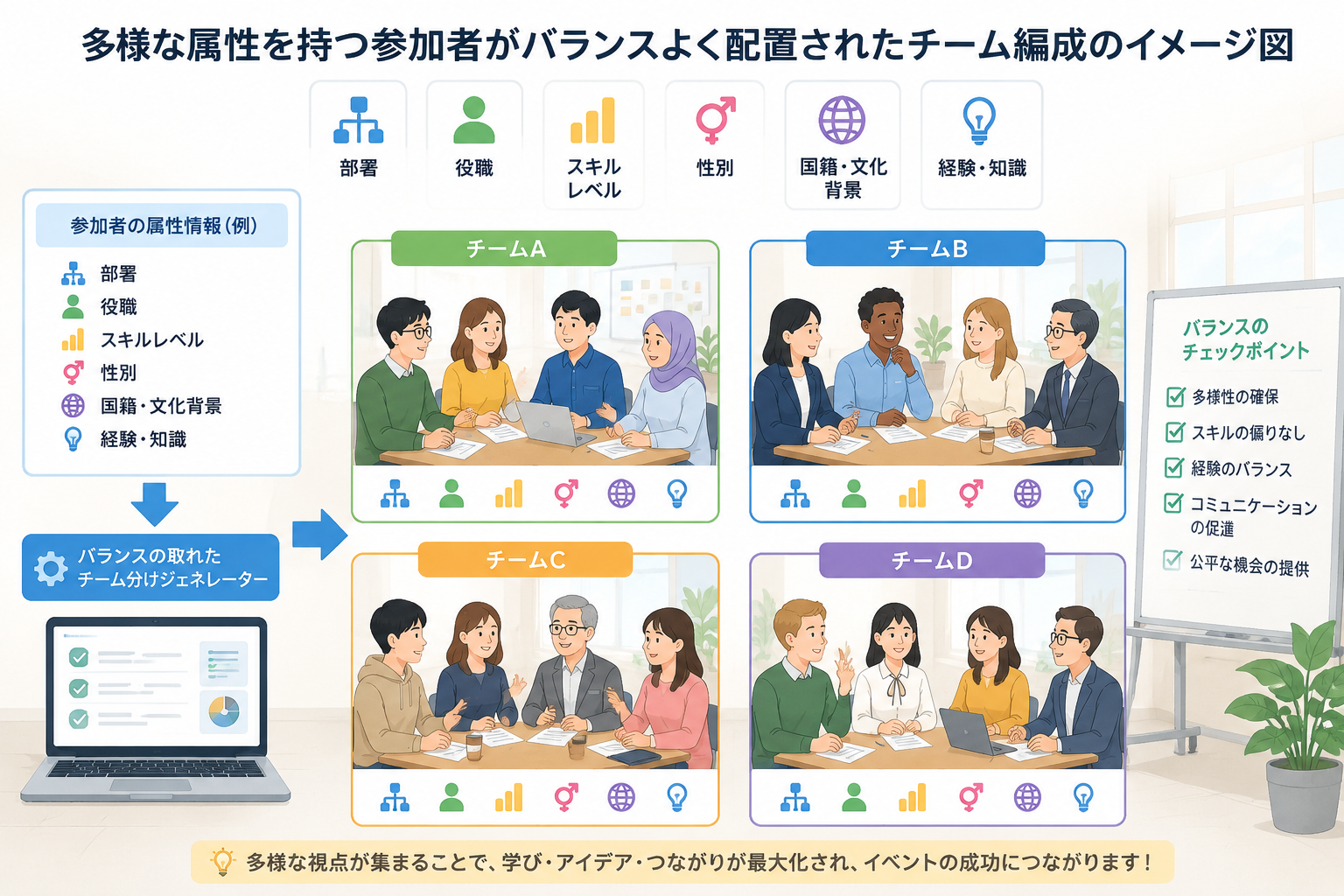 多様な属性を持つ参加者がバランスよく配置されたチーム編成のイメージ図