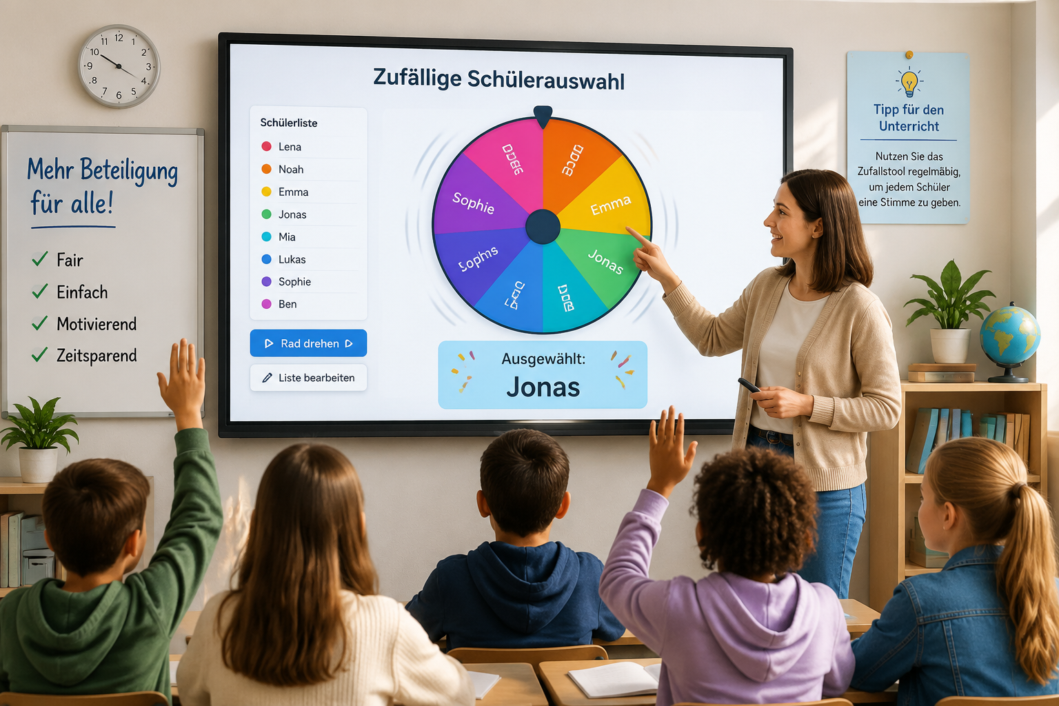 Eine moderne webbasierte Benutzeroberfläche eines Zufallsgenerators für Schüler, die ein sich drehendes Rad mit Schülernamen auf einem Bildschirm zeigt, eingebettet in ein ansprechendes Klassenzimmer-Layout.