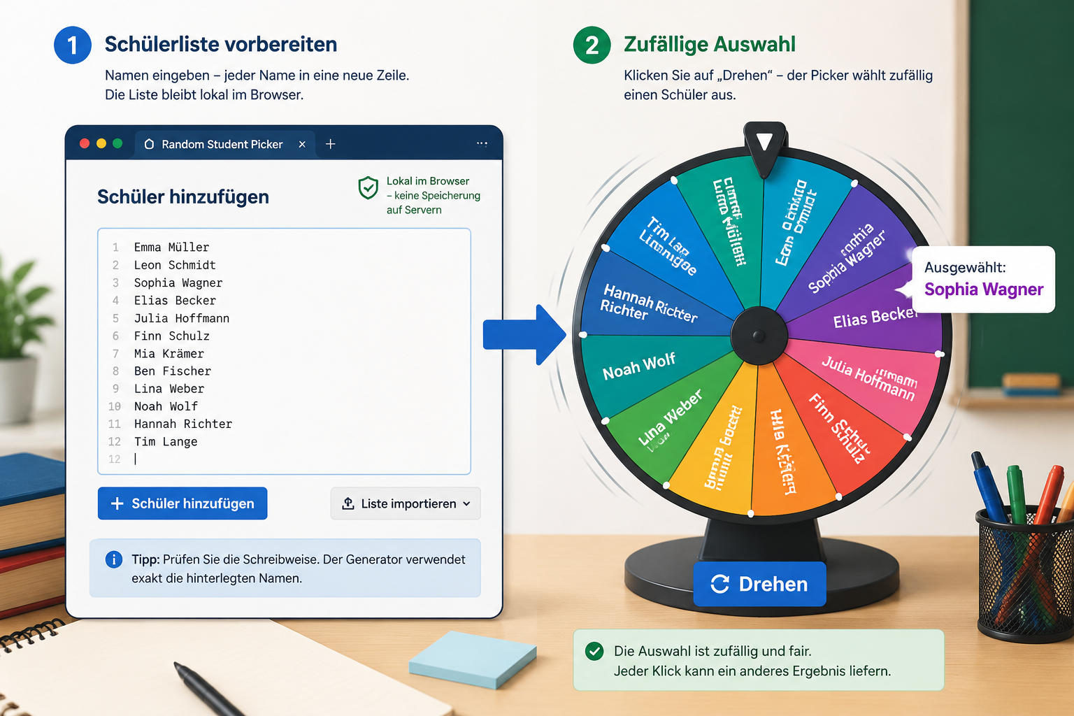 Ein zweistufiges Schema: Auf der linken Seite eine Liste mit Schülernamen im Browser-Editor, rechts daneben ein aktiver Zufallsauswahl-Kreisel mit einem hervorgehobenen Namen.