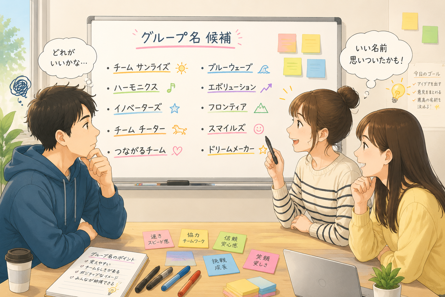 グループ名候補が書かれたホワイトボードを見ながら話し合う3人組のイラスト。付箋やペンが机の上にあり、悩んでいる様子と楽しんでいる様子が同時に伝わる構図。