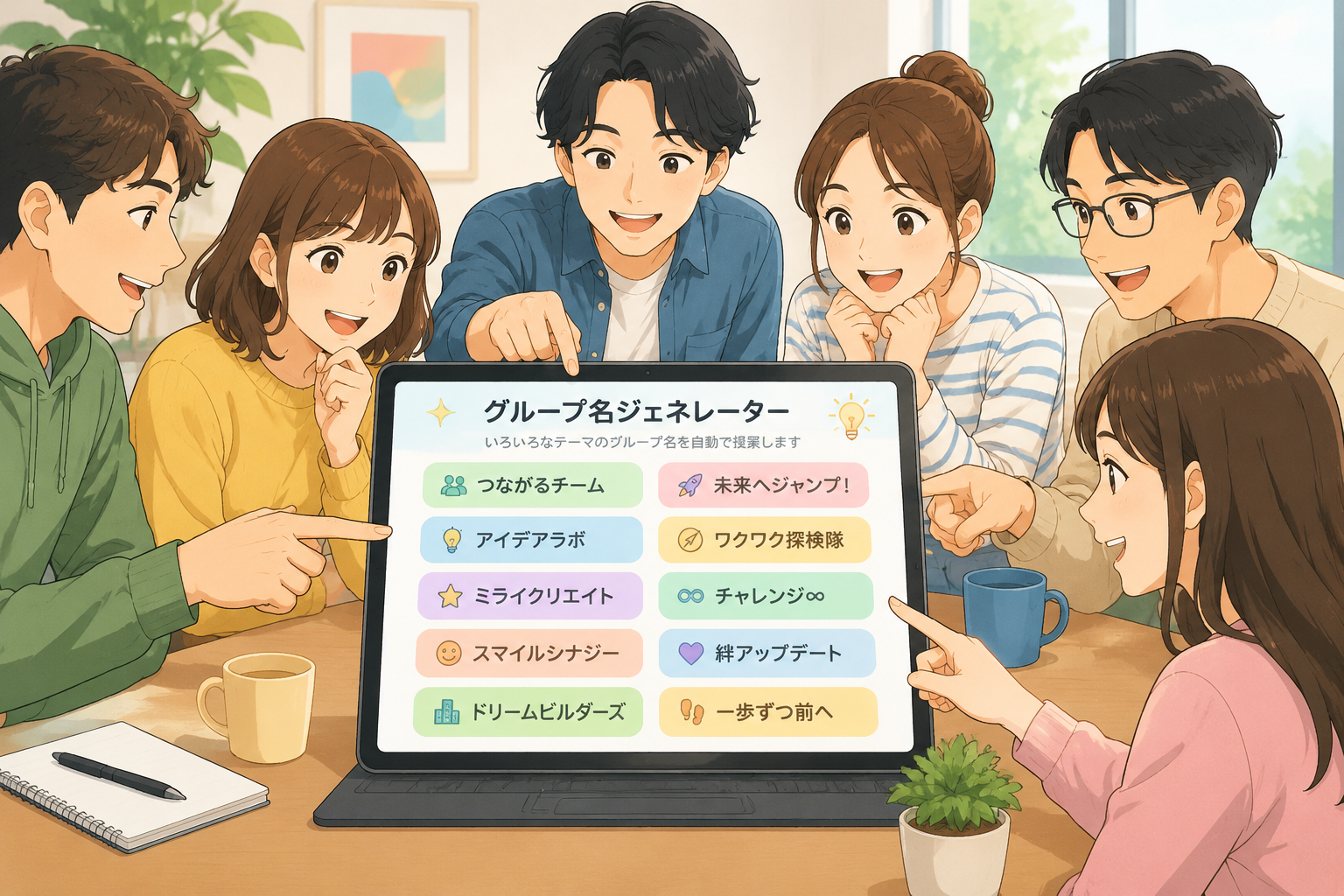 パソコンやタブレットの画面にグループ名ジェネレーターが表示されている様子。画面上にはカラフルなグループ名の候補が並び、その周りに集まった複数の人が笑顔で画面を指さしているイラスト。