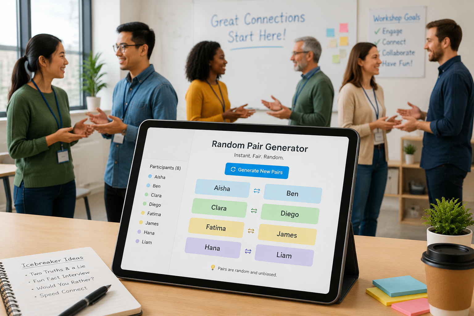 A bright workshop setting with diverse adults standing in pairs, a tablet screen displaying a random pair generator interface with names and coloured pair blocks, friendly atmosphere.