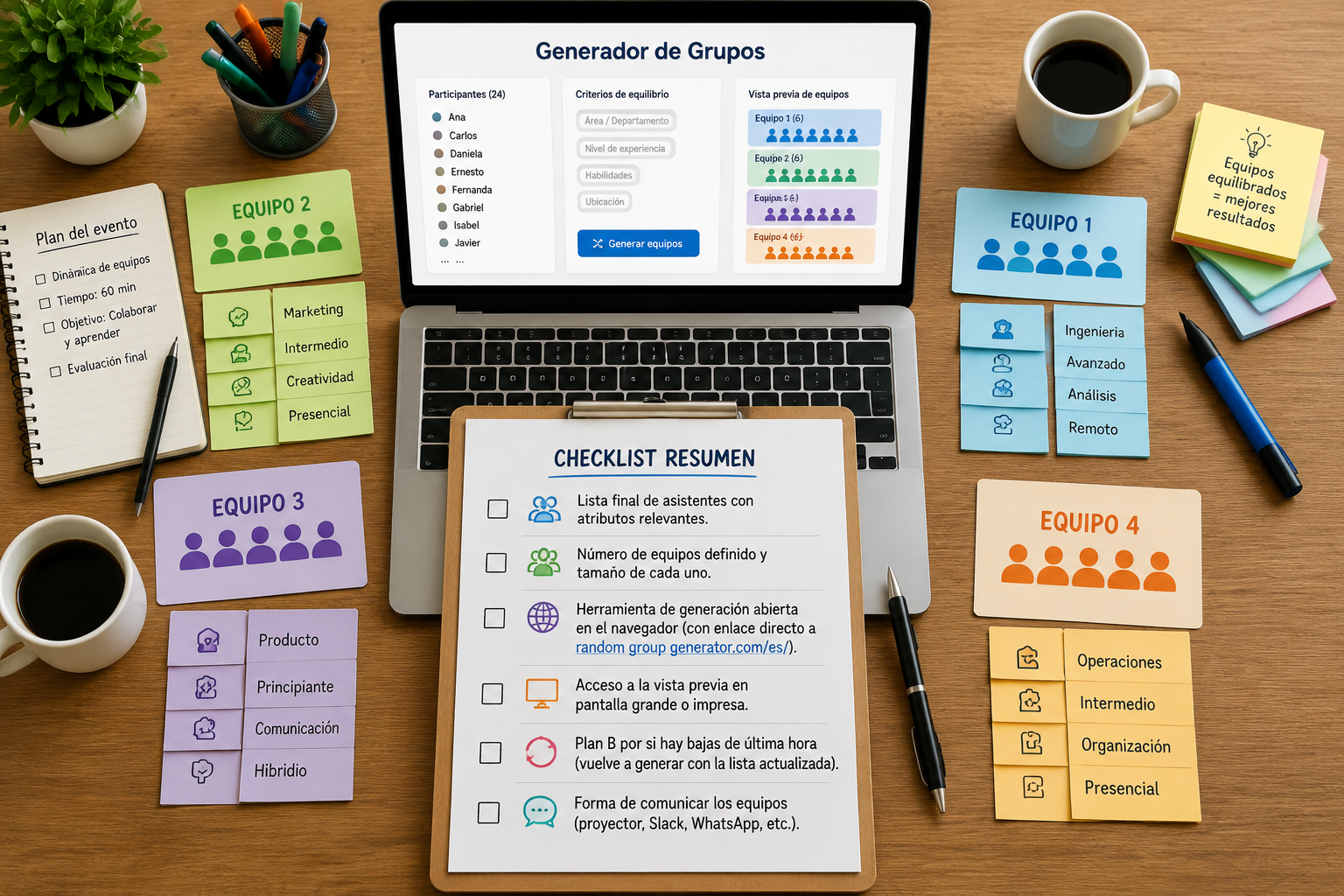 Vista superior de una mesa de reuniones con papeles de colores que representan equipos equilibrados y un portátil mostrando la pantalla del generador de grupos.