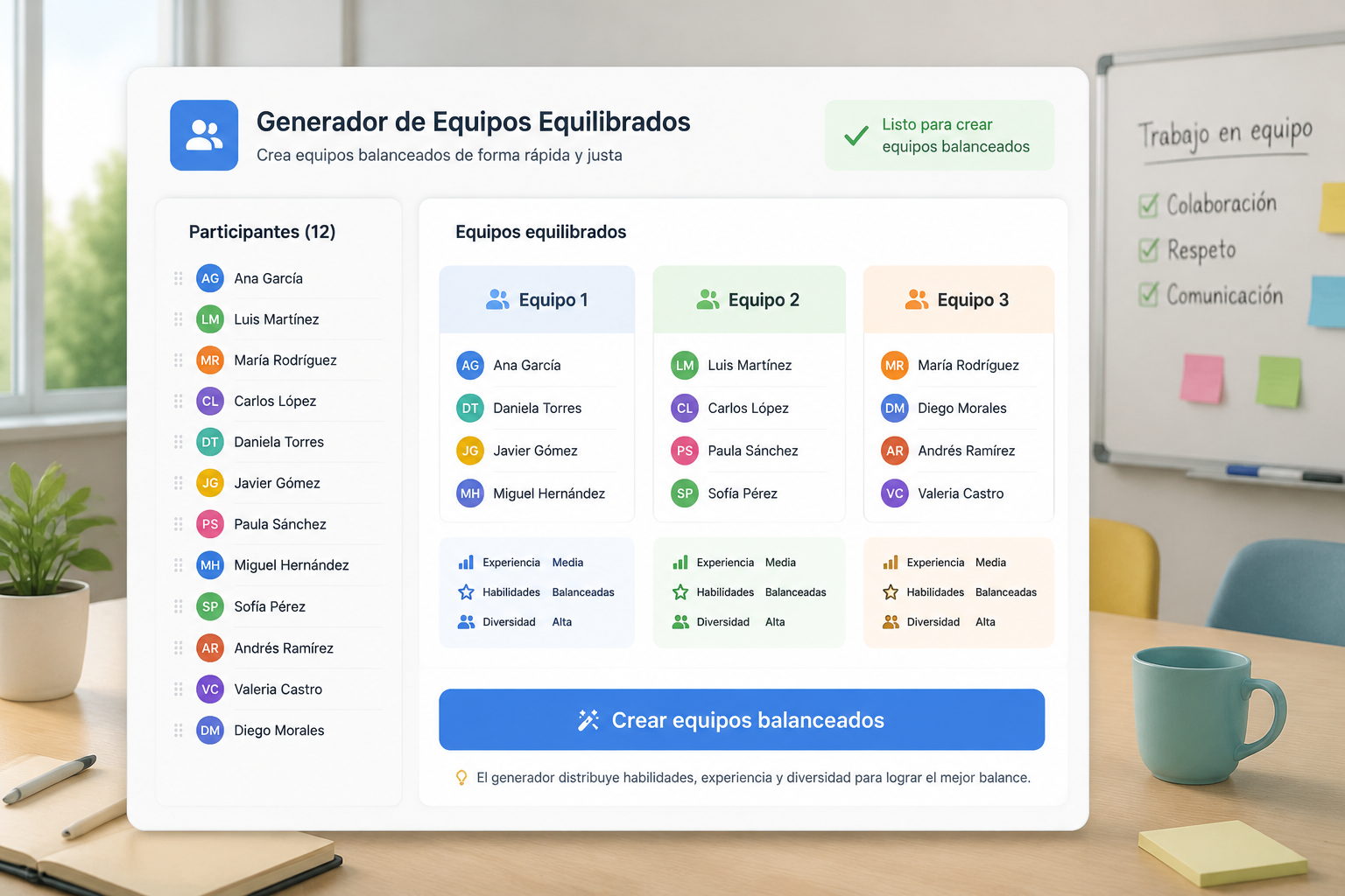 Interfaz de un generador de equipos equilibrados mostrando una lista de nombres y un botón para crear grupos balanceados, con un diseño limpio y colores suaves.