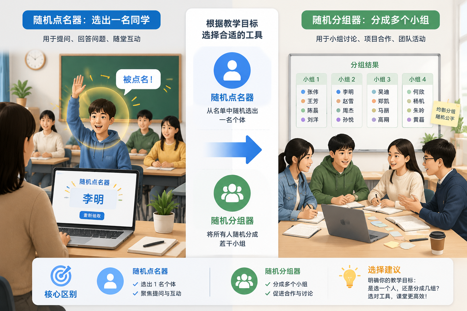 一个清爽的课堂场景示意图，左侧展示单个学生被点名的动画效果，右侧展示四人小组正在协作，中间用箭头连接表示工具的选择流程。