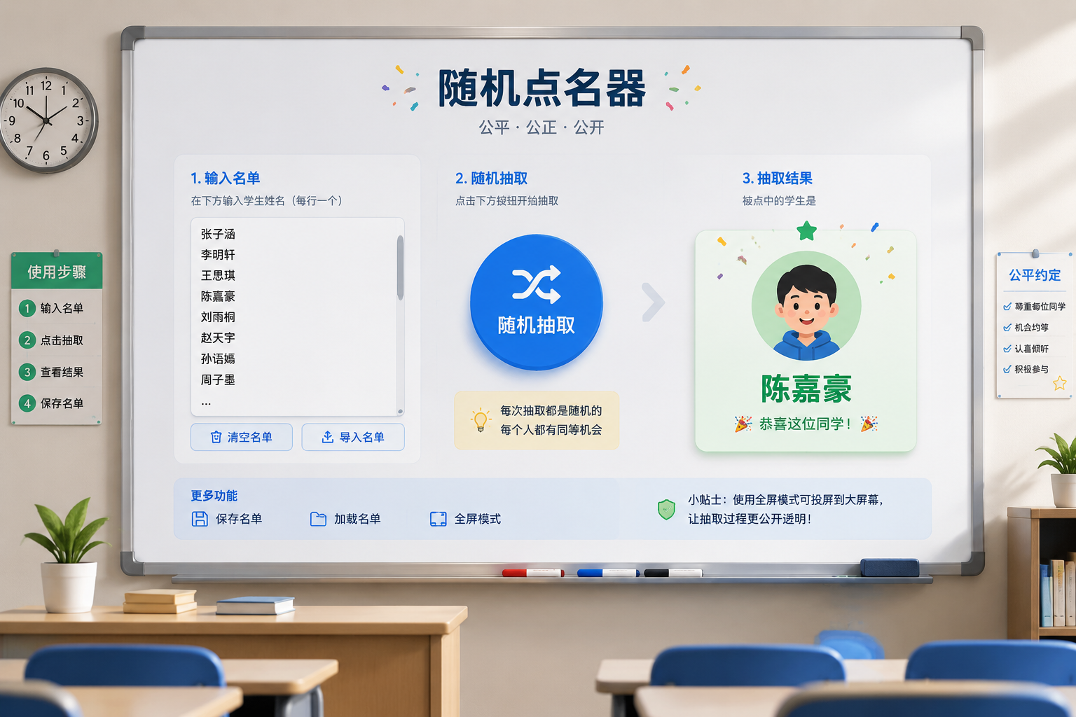 简洁的随机点名器界面示意图，包含名单输入区域、抽取按钮和显著显示的结果卡片，背景为教室白板。