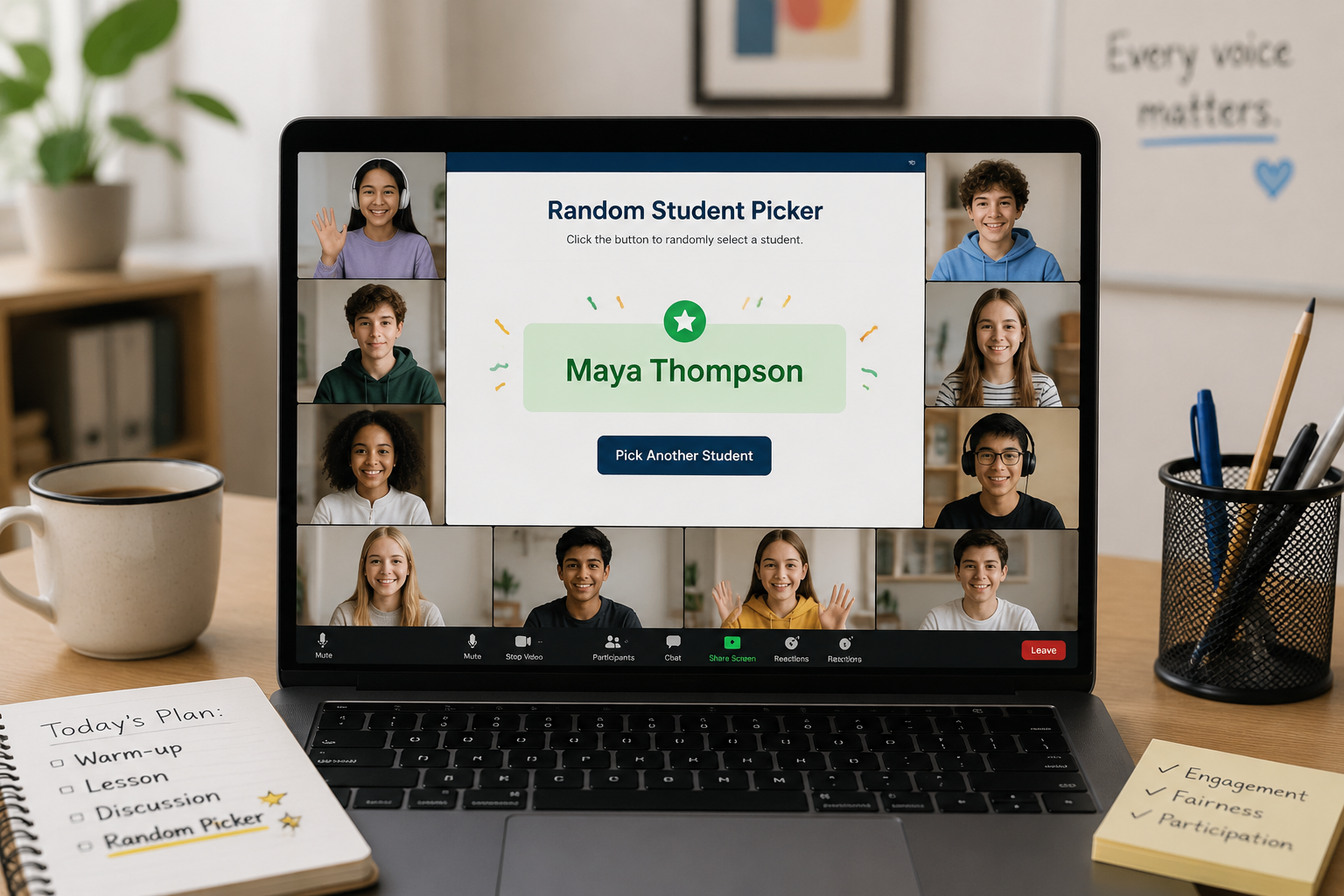 A teacher’s laptop screen during a video call shows a random student picker webpage. A student’s name is highlighted in the center, while video tiles of classmates are visible around the screen.