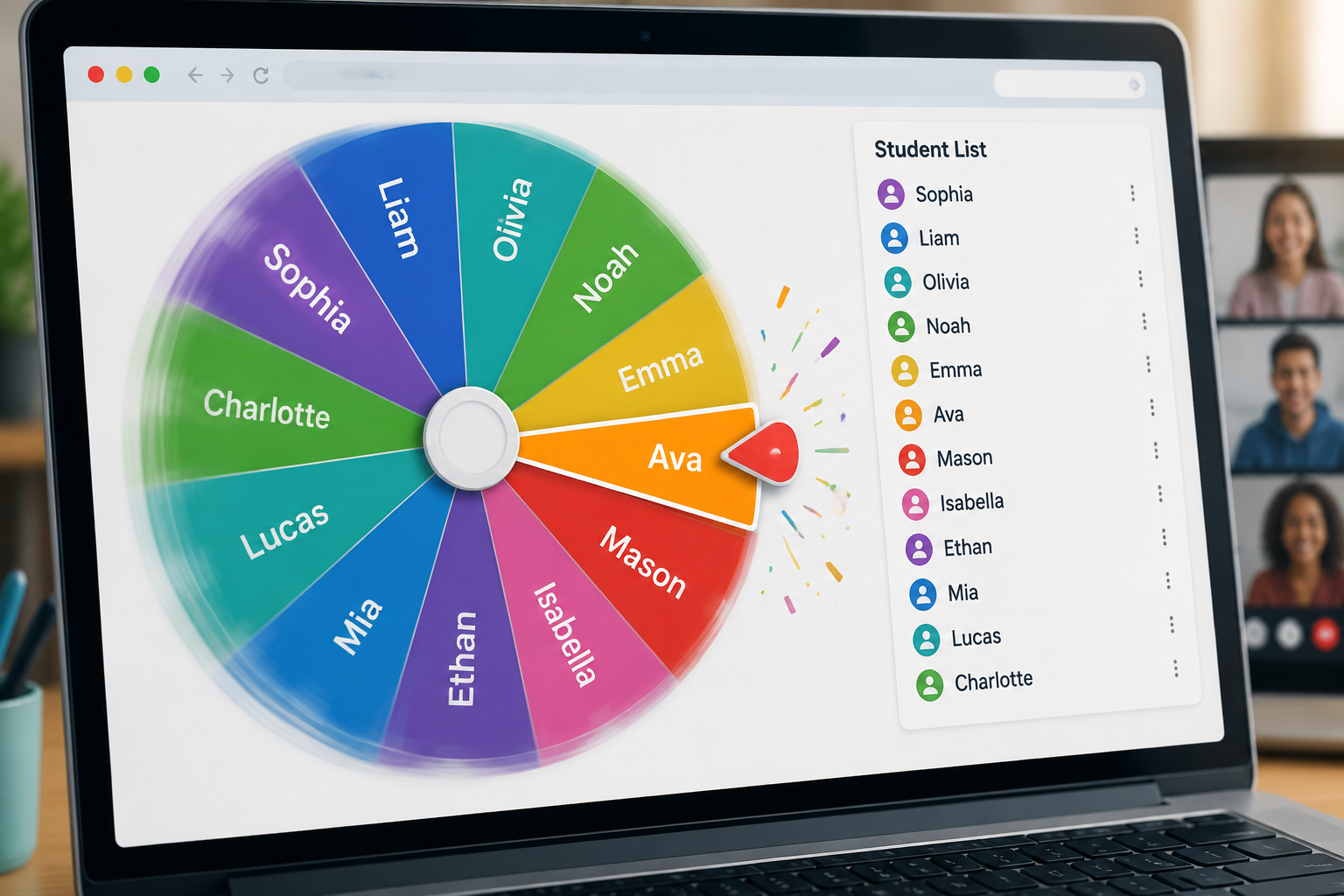 A close-up of a colorful digital spinner wheel on a browser, with a list of student names around its edge. The spinner is animated, about to land on a name.