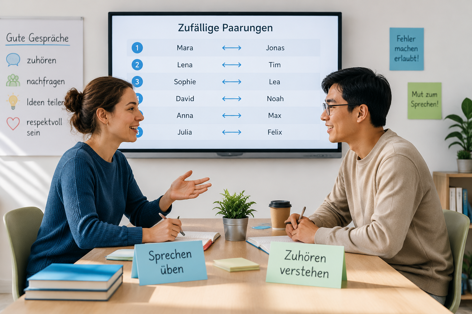 Zwei Personen sitzen sich an einem Tisch gegenüber und üben eine Fremdsprache, während im Hintergrund eine einfache digitale Tafel eine zufällige Paarungsliste anzeigt