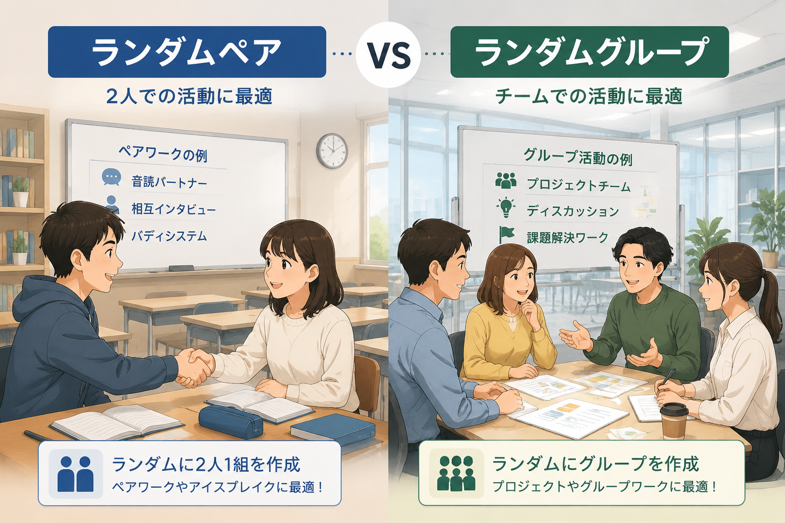 ランダムペアとランダムグループの概念比較イラスト。左側に2人が握手するペア、右側に4人が輪になるグループ。背景は教室とオフィス。