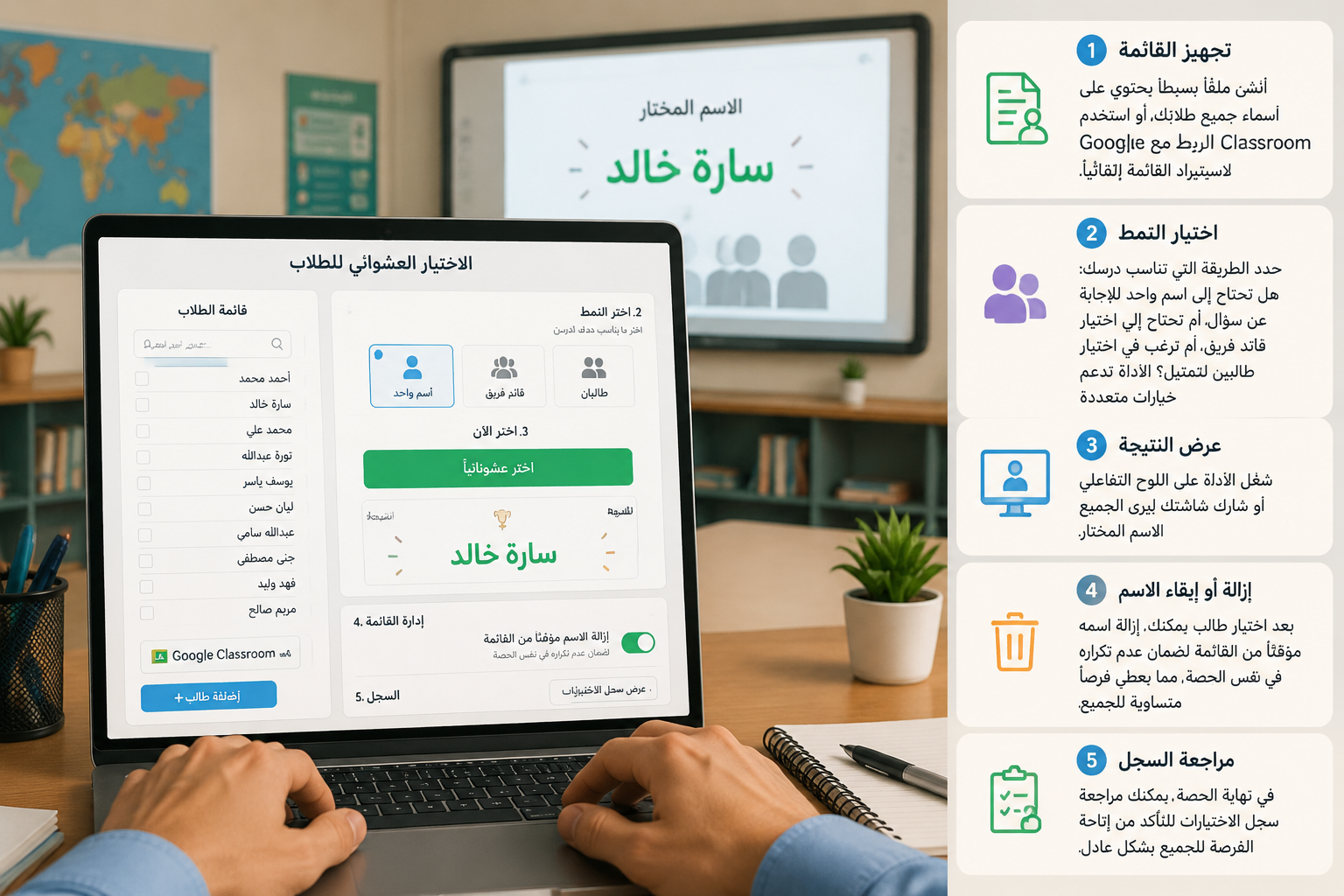 Hands typing student names into an online form, with a list of names and a selection button