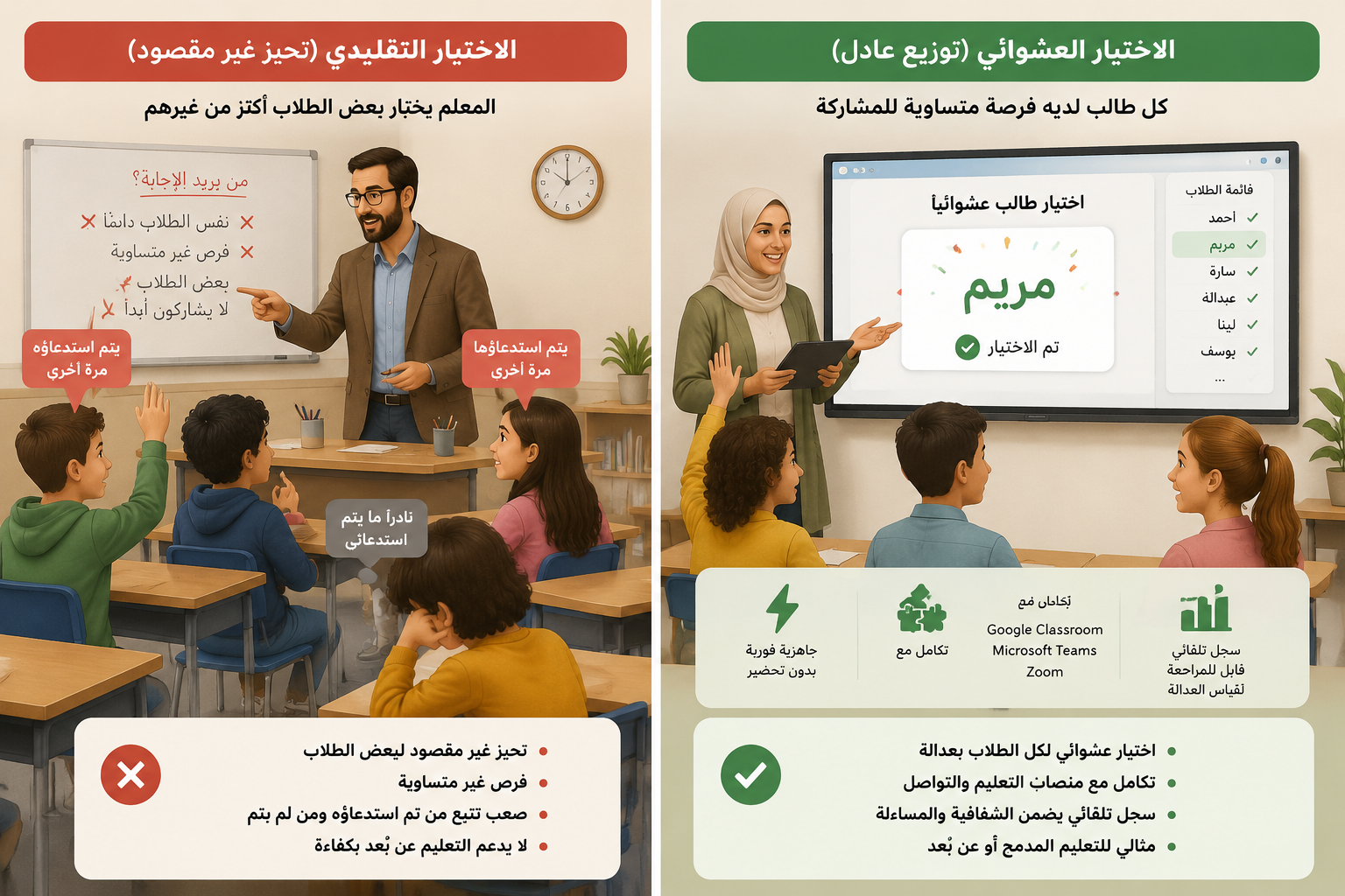Two panels comparing teacher picking favorites vs. random selection fair distribution