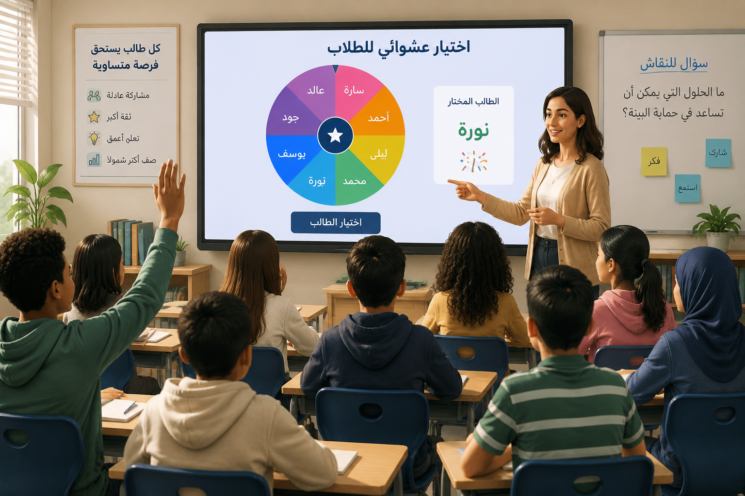 Digital classroom with a random name picker spinner on screen, diverse students watching