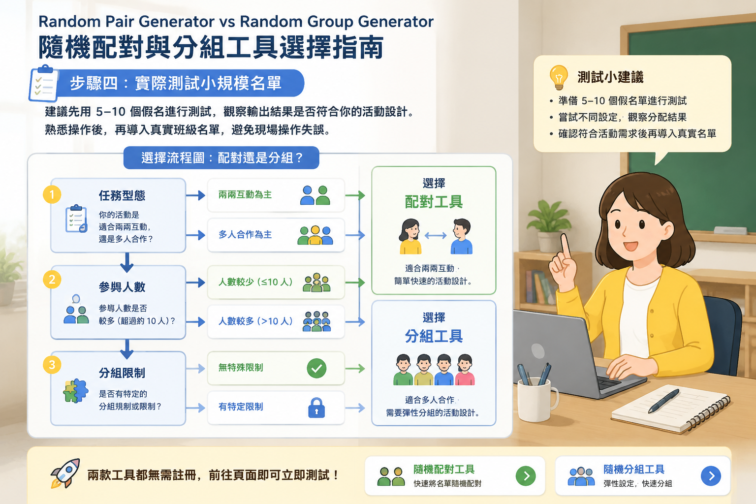 一個流程圖幫助決定使用配對或分組工具，包含三個判斷條件：任務型態、參與人數、分組限制