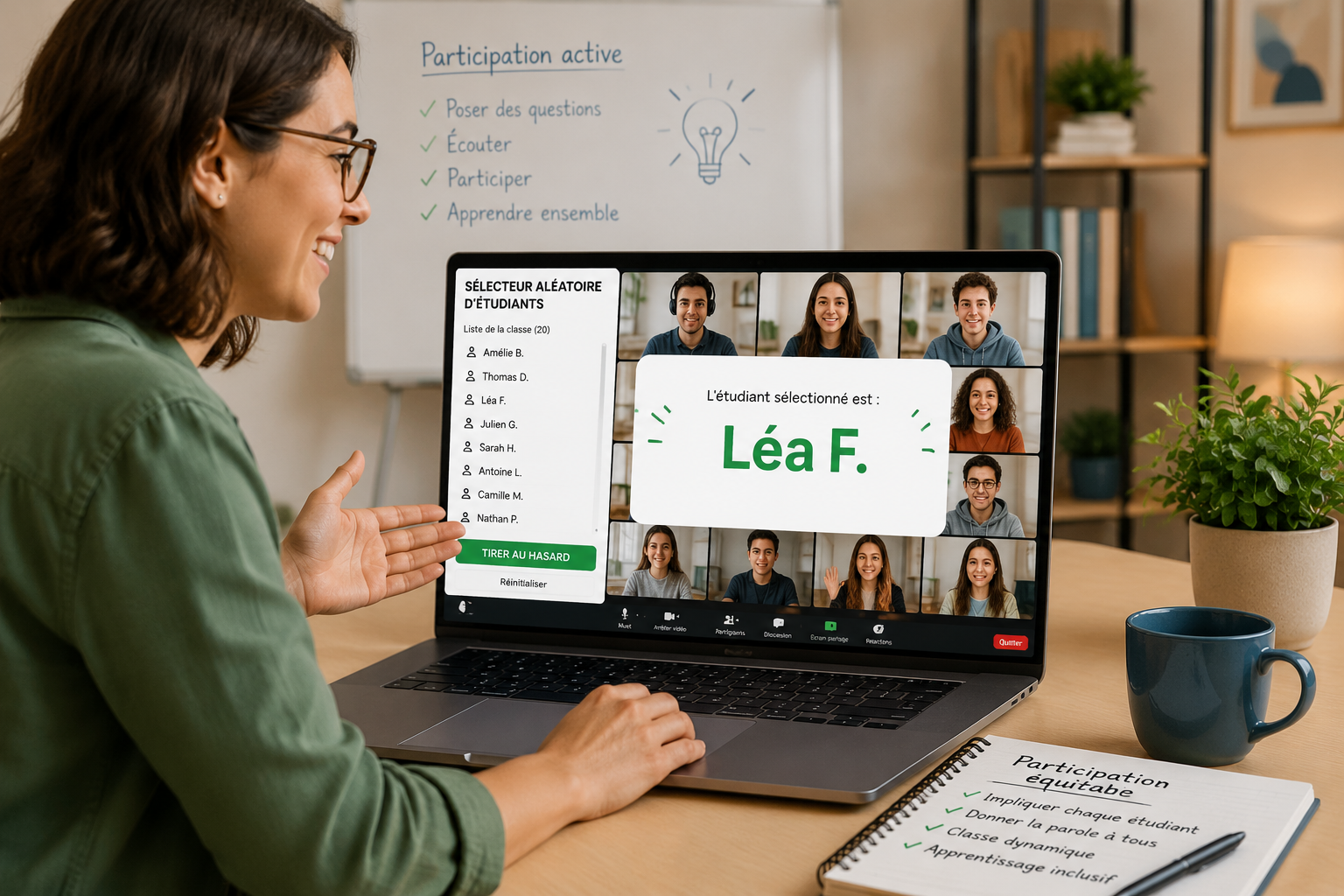 Une enseignante souriante anime un cours en ligne sur son ordinateur portable. L’écran partagé affiche l’interface de l’outil de sélection aléatoire d’étudiants avec un nom qui apparaît en grand, en surimpression de la galerie Zoom.