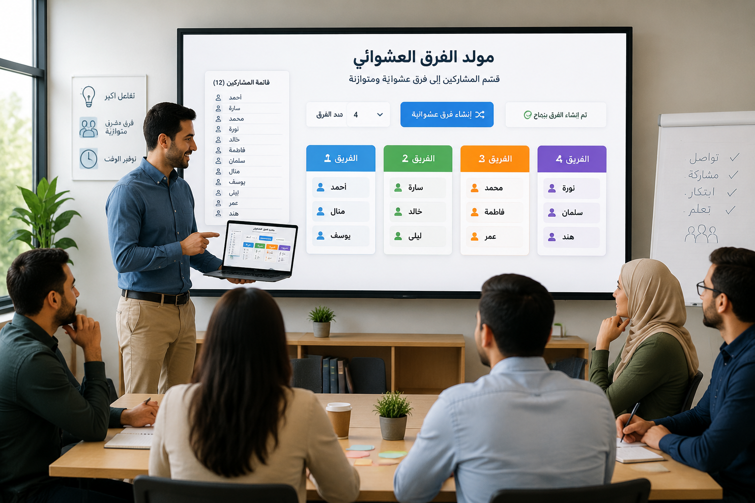 Illustration of a corporate trainer using a laptop to split a list of employee names into colorful random groups on a big screen, modern workshop setting